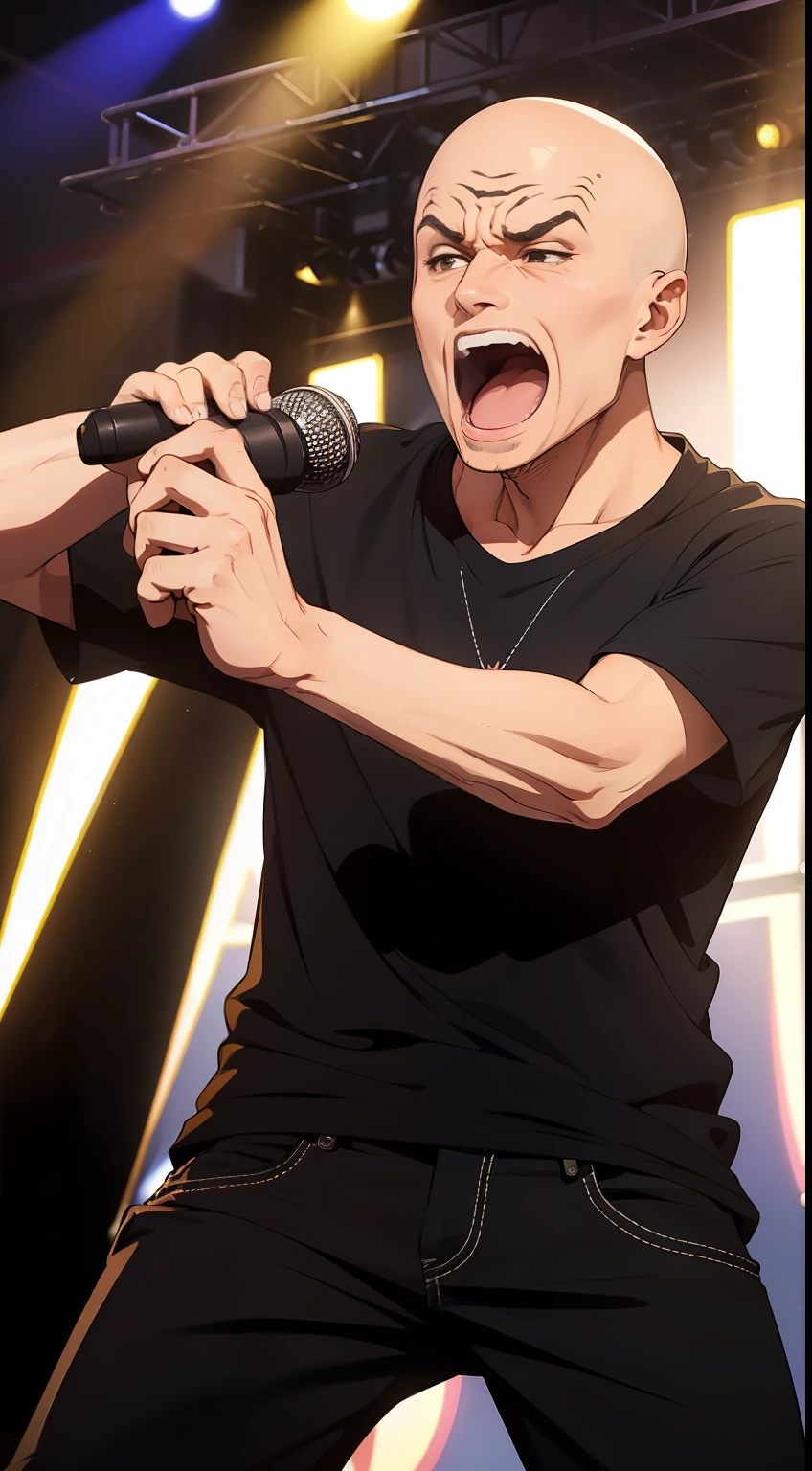 One man wearing black shirt, black jeans, bald haircut, perfect anatomy, focus on camera, standing in concert,holding mic, screaming, authentic pose, authentic expression