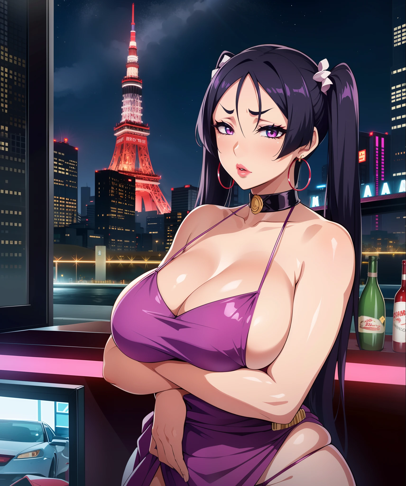 Minamoto no raikou, (((Bimbo))),hoop earrings, pouty lips, painted lips, fat lips.
hair light, Short twintails, wide thighs, thick-thighs, burst breasts Nightlife, night city, Cyberpunk-city, futuristic cityscape. neon lights, (skyscraper:1.1), tokyo tower, palm tree, fabric sign, ramen kiosk, nightclub. Bright lights of the city, Exotic car. alcohol, bar, shoulder, soup kiosk, bottles of alcohol,