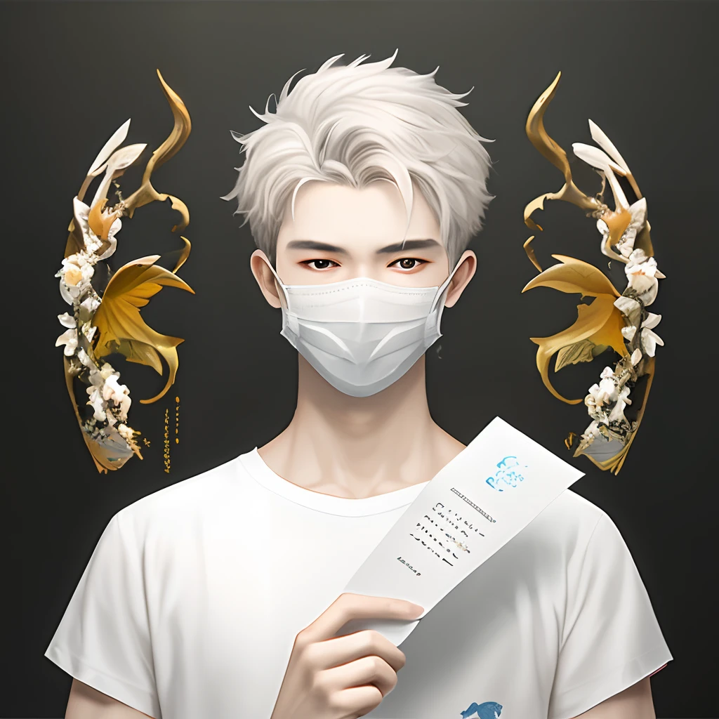 Someone was holding a piece of paper in his hand, Detailed picture, Official product image, detailled image, jia, made of lab tissue, gum tissue, product - view, Middle metaverse, fine simple delicate structure, pale milky white porcelain skin, List image, Handsome, tang mo, one single mask, author：Xia Chang