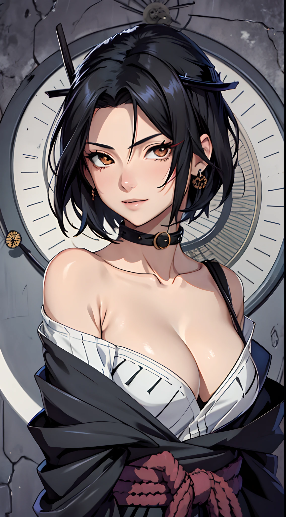 tmasterpiece, Best quality at best,Portrait photo, short detailed hair,(Writing wheel eyes:1.5),1girll,(waistup:1.5) ,sasuke, Large breasts,Off-the-shoulder attire,(cleavage),(upperbody closeup),Raised sexy,is shy,ssmile,Black hair, (Black eyeballs:1.4), exteriors