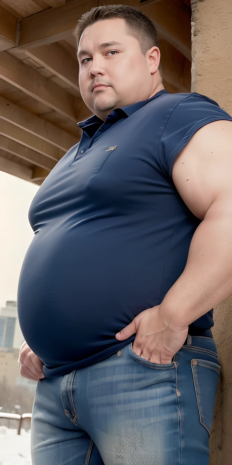 Best quality, Masterpiece, (Photorealistic:1.4), (Chubby, Strong, muscle strong:1.4), Middle-aged and older men, Solo, Short hair, Big eyes, Bare upper body, Jeans, full bodyesbian, Dramatic lighting, Cowboy shot, view the viewer, standing, Outdoors, Snow, Cityscape, Streets, Buildings,