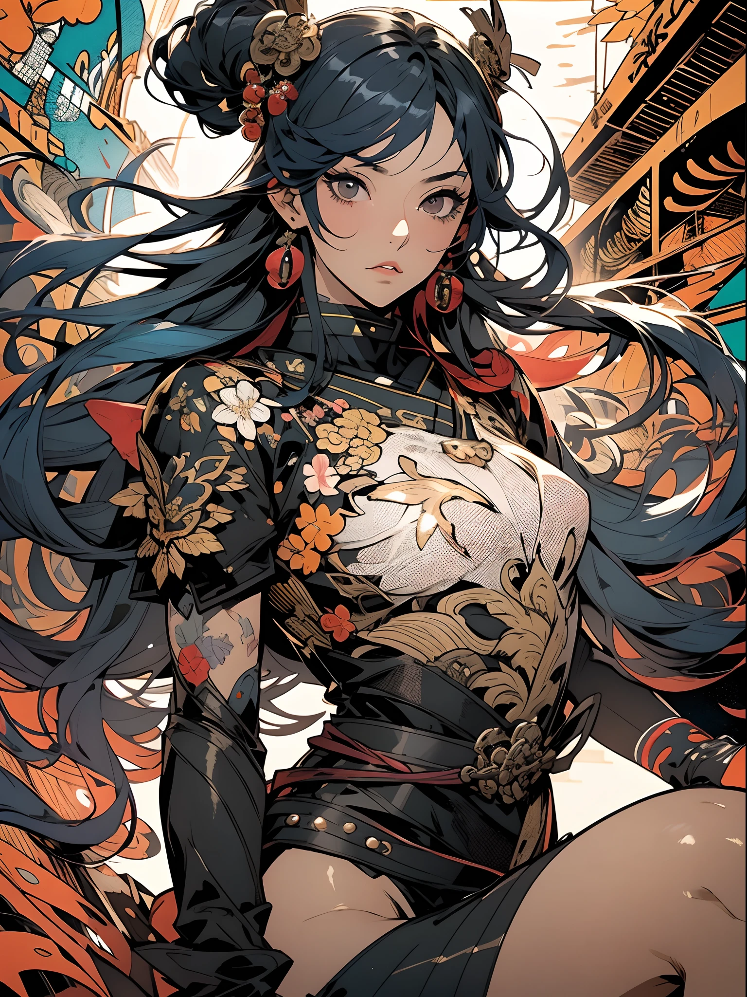 absurd, highres, ultra detailed, (ultra-detailed background, detailed background), extremely detailed, 1girl, demonic woman, red skin on arms, bouquet of black flowers, (zentangle:1.2), (geometric:1.2), colorful, full body, sexy pose, short clothes, dragon tattoo, stars, tiny thong, almost naked, muscular, perfect body, vietnamese ornaments, demon of japanese culture
