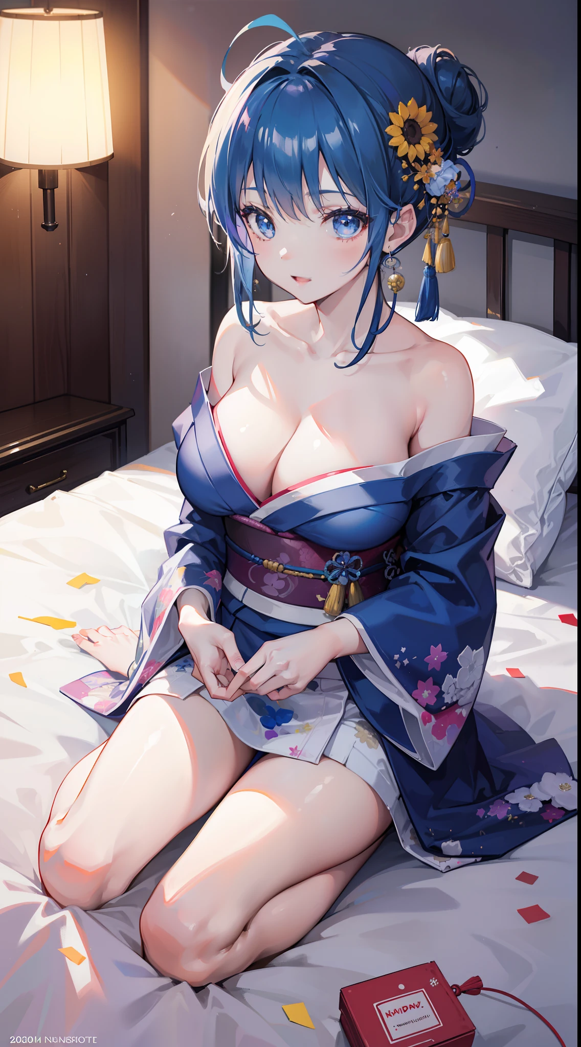 (1girl:1.1), solo focus, looking at viewer, (a 26-year-old girl in a kimono:1.21), wa maid, blue hair, gradient hair, japanese clothes, :d, undressing, (lie in bed:1.21), half updo, earrings, (cleavage:1.1), comic, traditional media, happy, (celebration:1.1), large breasts, fireworks, dating, youth, confession, side backlight, Hasselblad, 85mm, f/2.8, Eye-Level Shot, backlighting, ray tracing, blurry, blurry, cinematic lighting, ray tracing, motion blur, chiaroscuro, super detail, high details, high quality, textured skin, anatomically correct