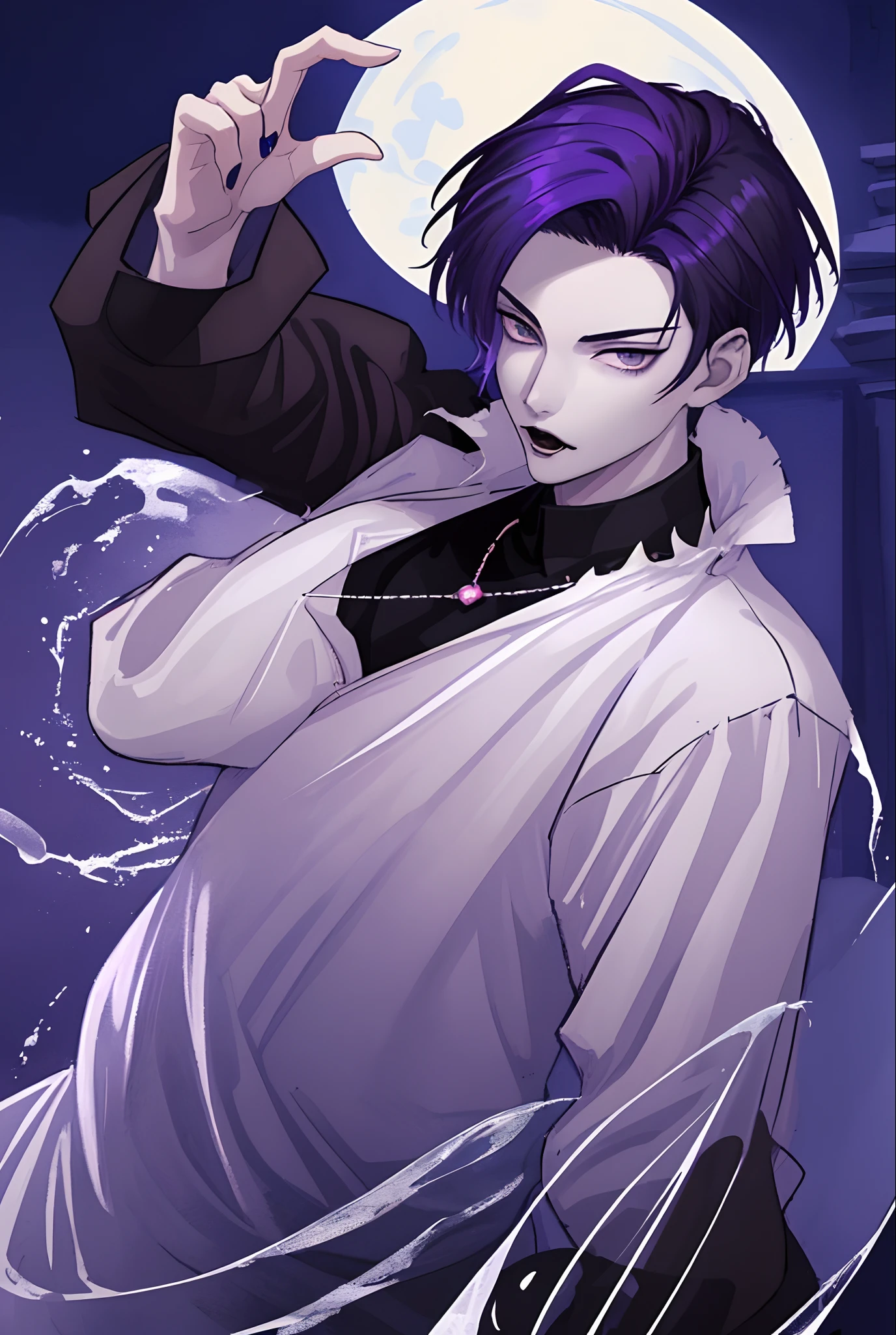 Moonlight behind, Man with bright purple hair, inspired by Sim Sa-jeong, nixeu and sakimichan, Inspired by Wang Duo, Morgoth, inspired by Bian Shoumin, Virtual Self, looking this way, inspired by Gang Se-hwang, inspired by jeonseok lee, Tumbler, high-level image quality、 beautiful male、tall、Bedrooms、window、nightfall、nighttime scene、𝓡𝓸𝓶𝓪𝓷𝓽𝓲𝓬、Korean Male, Idol Photos, k pop, Professional Photos, Vampires, Korean fashion in black and white, À la Fed Man with Necklace, inspired by Sim Sa-jeong, androgynous vampire, :9 detailed face: 8, extra detailed face, detailed punk hair, ((asa)) baggy eyes, Seductive. Highly detailed, semi realistic anime, Vampires, hyperrealistic teen, delicate androgynous prince, imvu, short hair above the ears, Man with short hair, Glaring expression, Cool Model Pose, Korean fashion in black and white