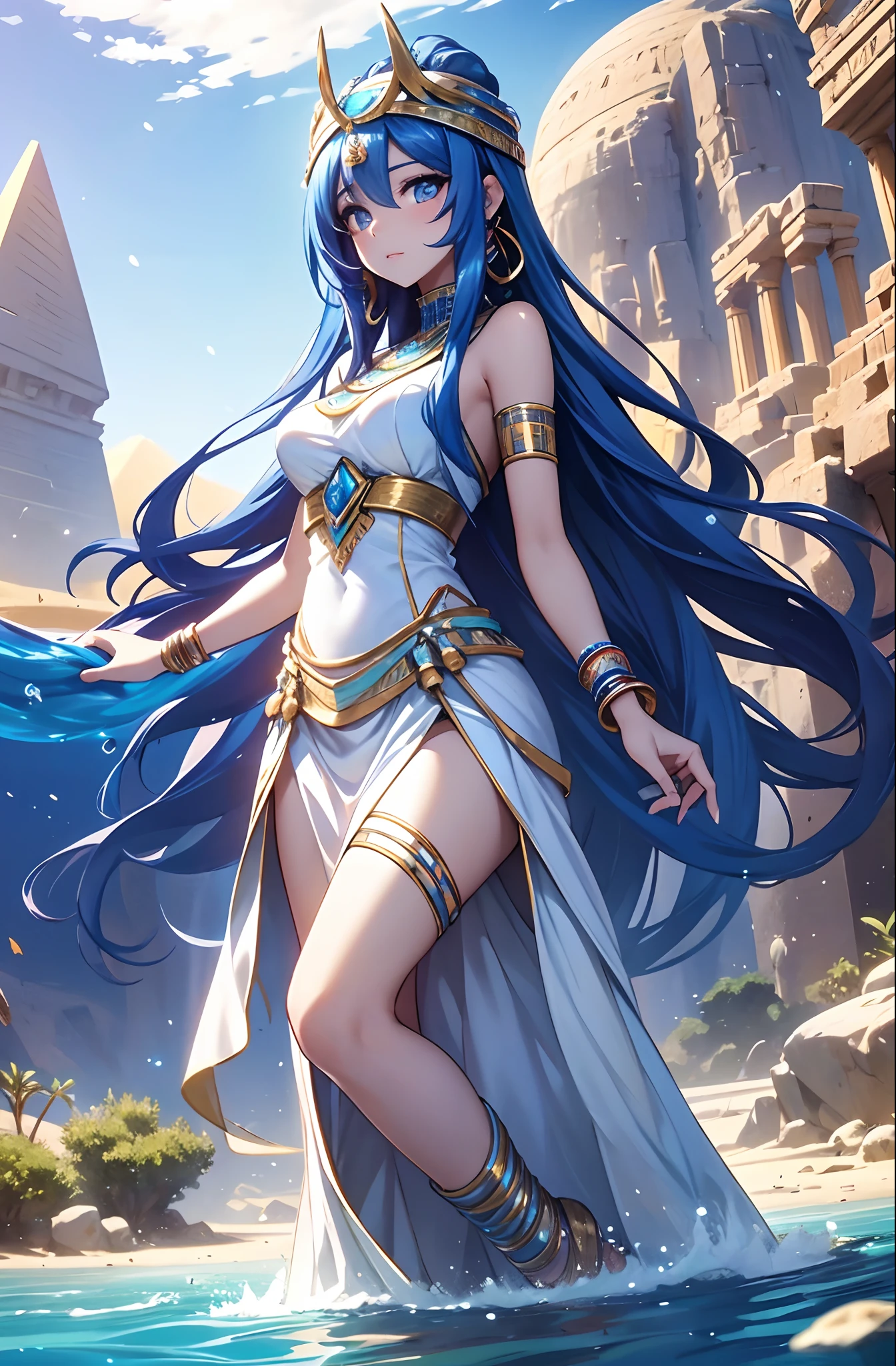 yamato(one piece),dark skin,blue hair,goddess,white wing,evening dress,ear rings,cute face,holy,