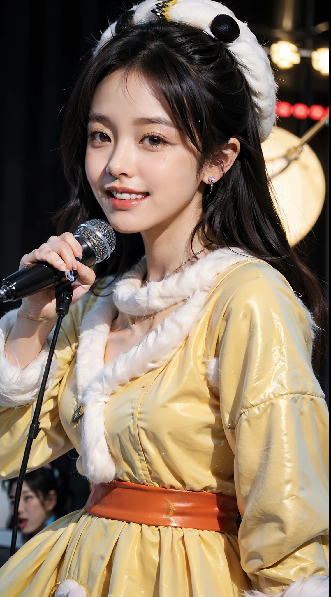 8K、RAW Photography、top-quality、realisitic、(((((Idol singer)))))、in her 20s、japanes、femele、cute little、spotless、Beautiful fece、hyperdetailed face、((a smile))、(((((Flashy and cute fluffy costumes)))))、Singing with a microphone