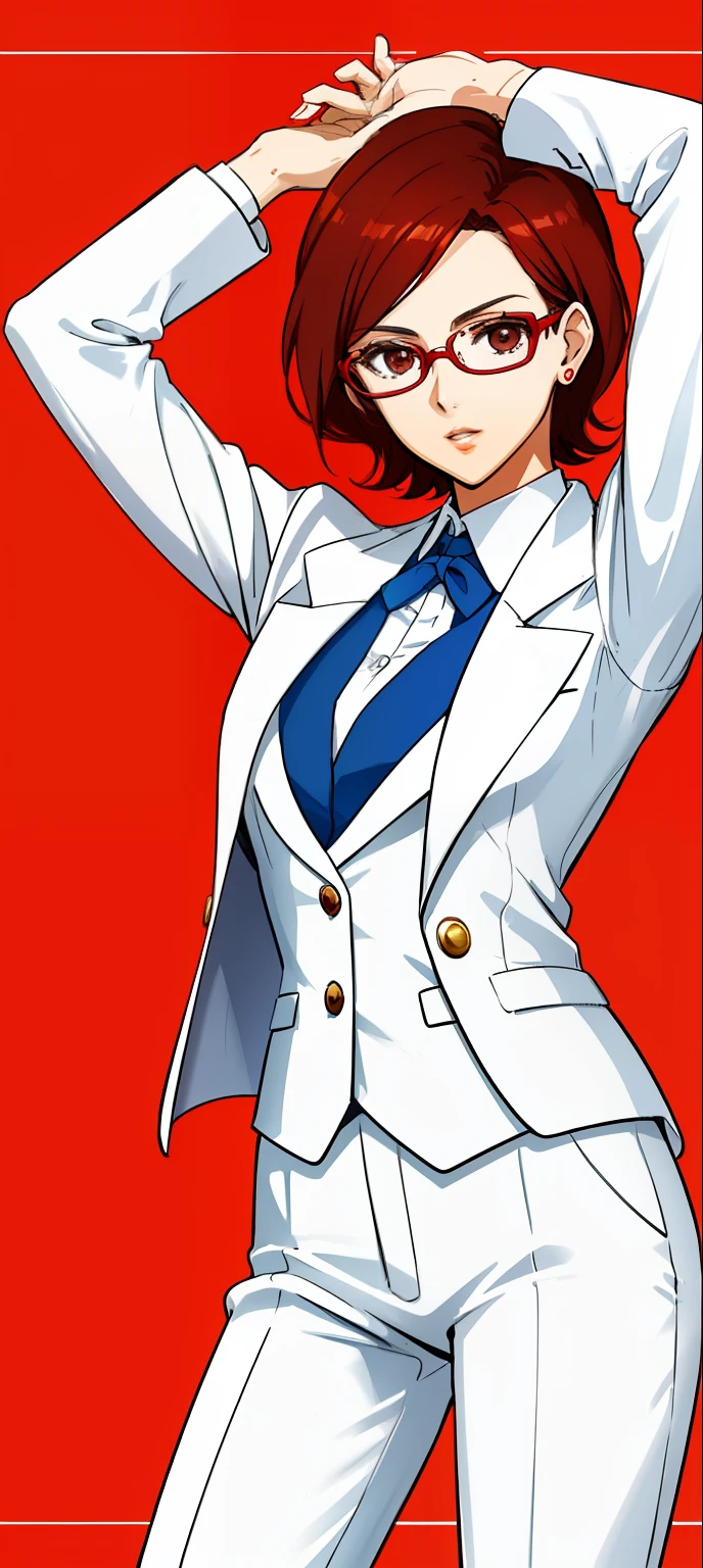 Mature woman with glasses,quadratic element,White suit,JOJO standing,Pose,short detailed hair,red brown hair,Red frame