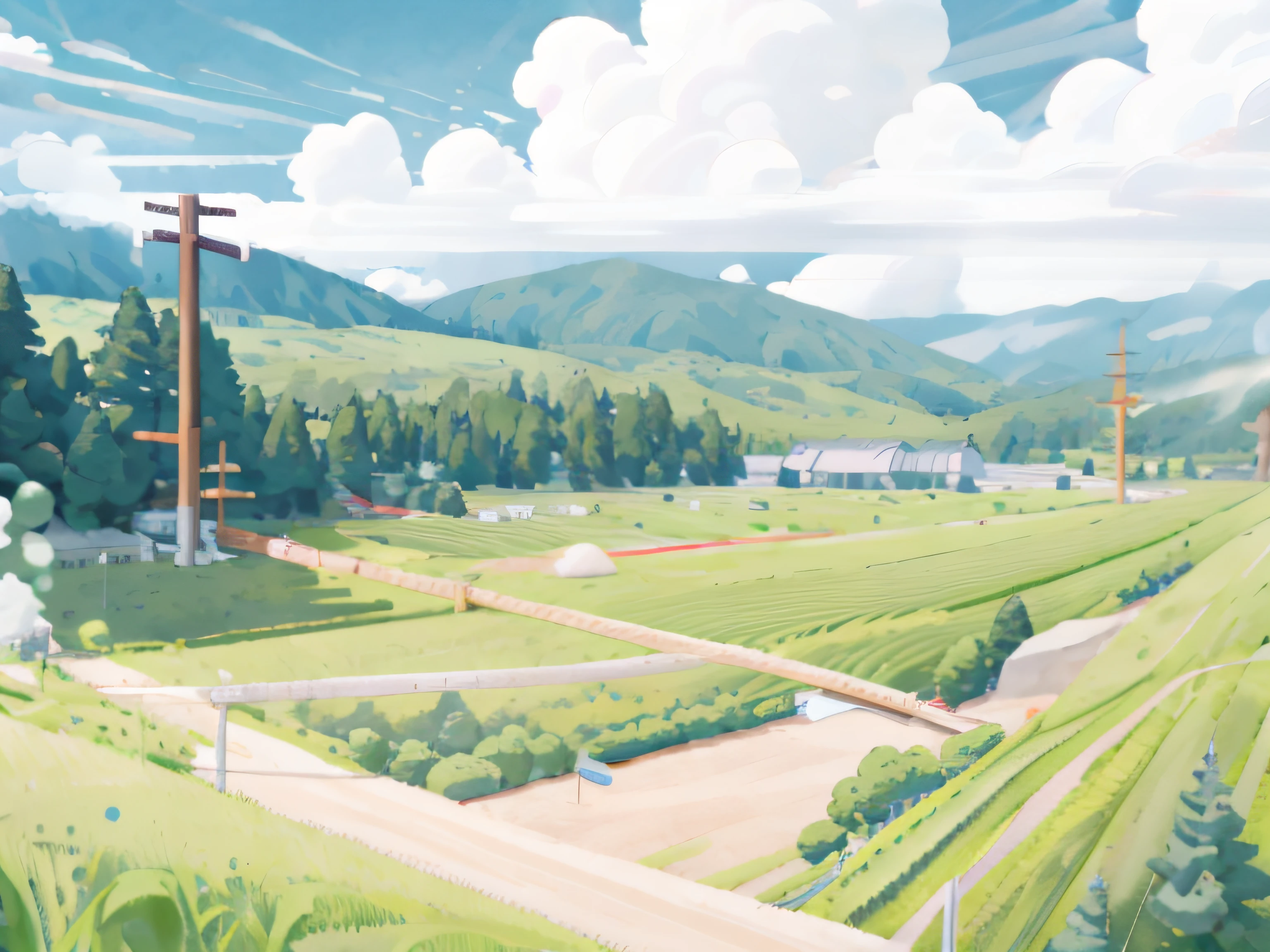 (Hayao Miyazaki Style), Cartoon, Modern countryside, roads, curved, wood, poles, White Clouds, Calm scenery, Outdoor, green trees, Epic composition, photorealistic lighting, high-definition details, Masterpiece, Best Quality, (Highly Detailed CG Unified 8k Wallpaper), Clay texture, Clean background, Natural light, Best Quality, The ultra-detailliert, 3D Art, C4D, OC Renderer, 3d rendered, 8K