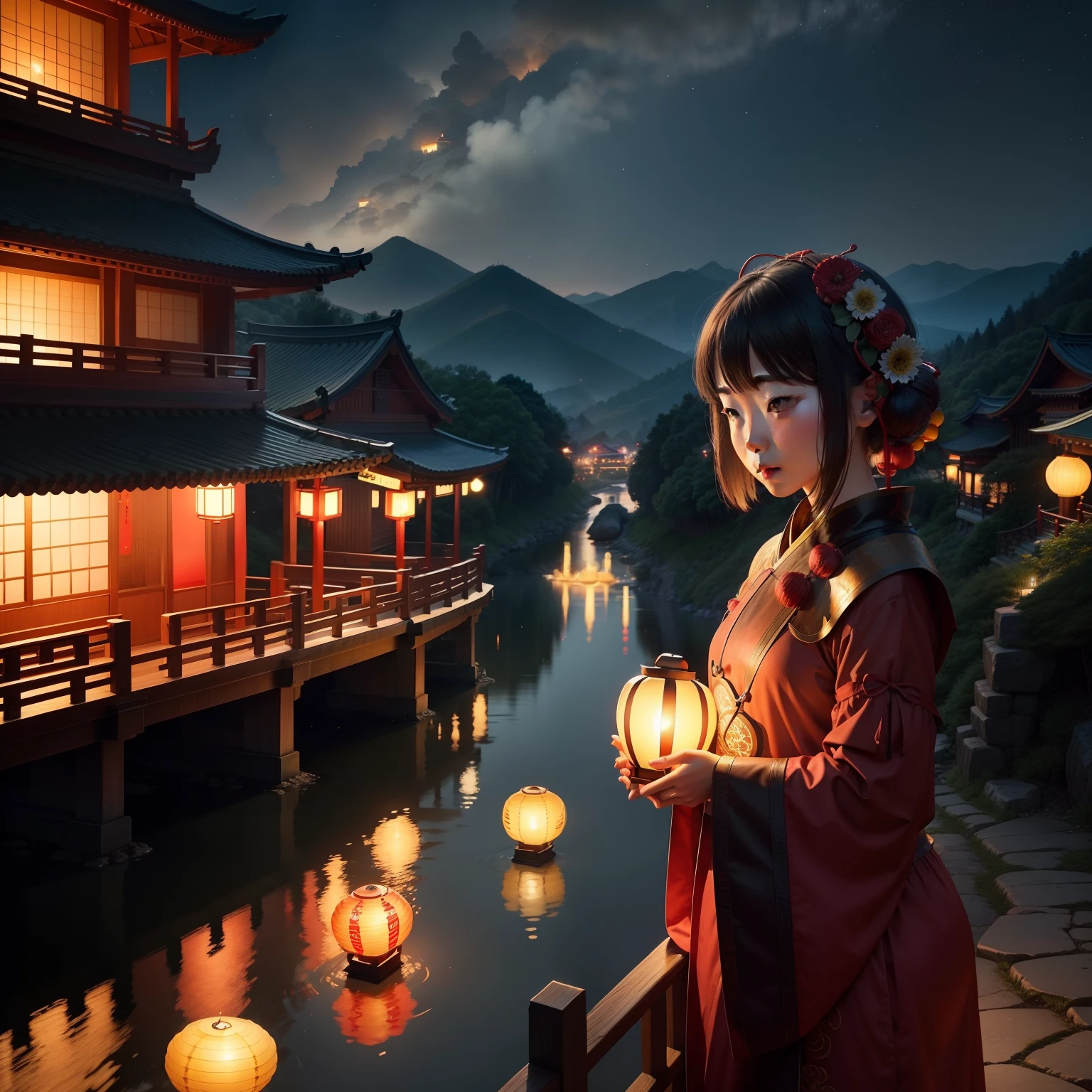 Lantern Festival Lantern Festival，small town，Mountainside overlook，The Kong Ming lantern in the distance forms a river of stars。