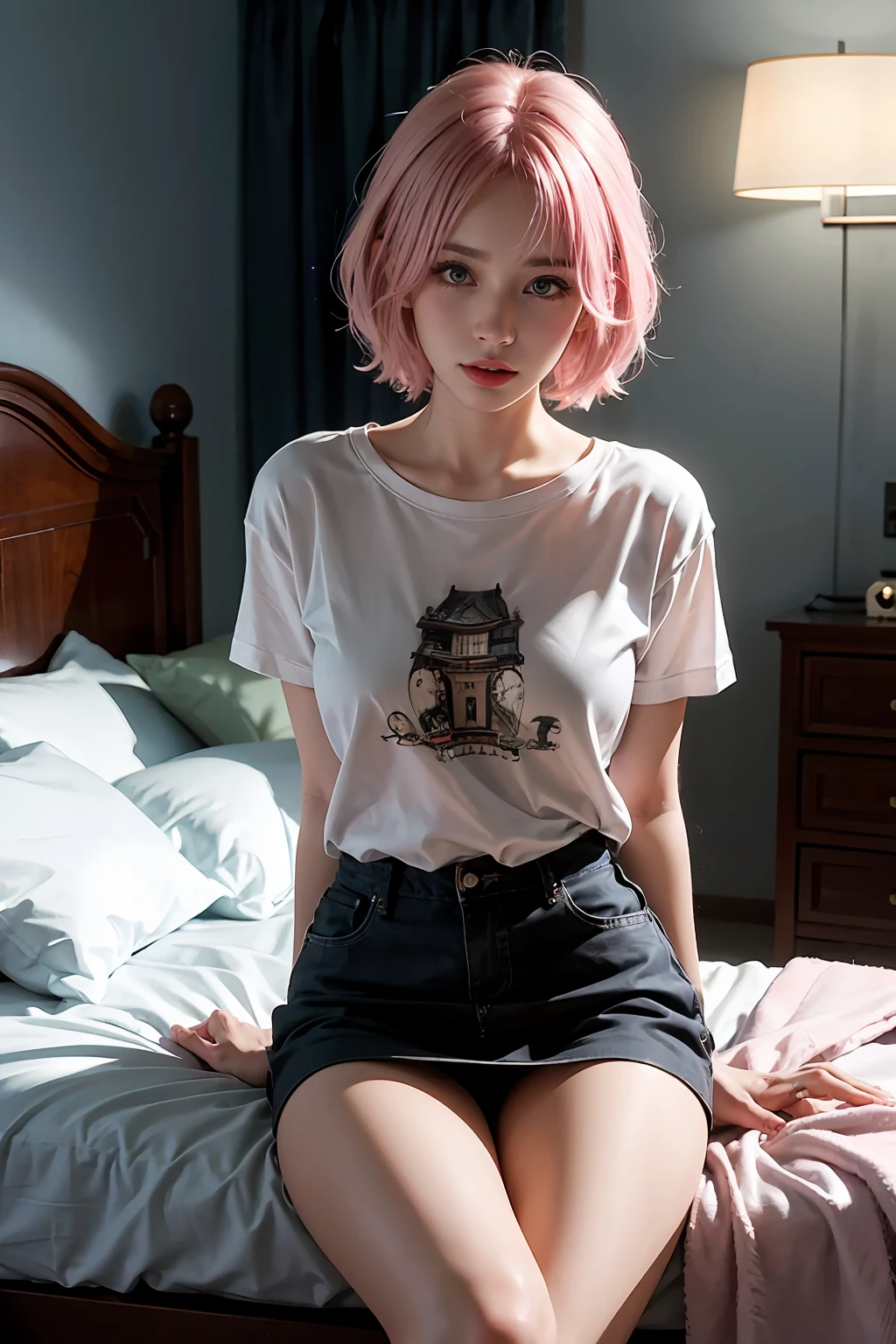 ((masuter piece)), ((top-quality)), (super detailing), ((High Detail)), 4K, (8K), Top image quality, (Beautiful fece), photos realistic, absurderes, Dating style, Pink hair、short-hair、耳Nipple Ring、a black T-shirt, Black miniskirt, Satisfied look, Natural beautiful light, Pretty beautiful woman、hotels room、looking at viewert