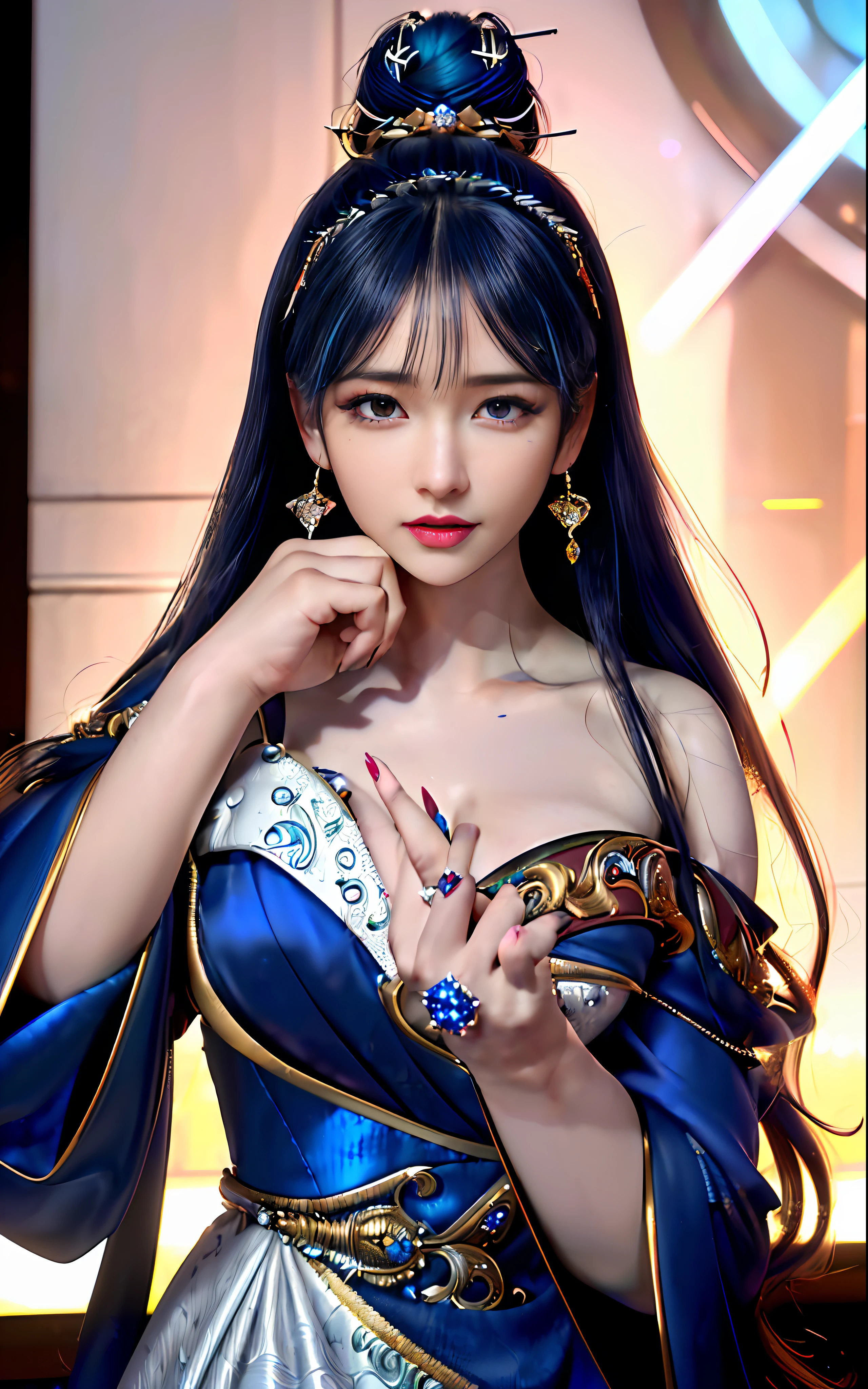 ((realisticity: 1.2)), ((realistic: 8K UHD)), ((best resolution: 8K UHD)), hyper detailed, best quality,masterpiece,highres,cg, ((1 girl hyper detailed and hyper realistic) ) , ((beautiful queen, hyper realistic and hyper detailed)),((white skin, beautiful, smooth, youthful, hyper realistic and hyper detailed )), ((Face hyper beautiful, white, hyper realistic and hyper detailed ) ), long hair, ((hyper realistic and hyper detailed dress)), solo, ((hyper realistic, hyper beautiful, beautiful and hyper detailed jewelry)), ((hyper beautiful deep red and golden yellow dress, hyper realistic and hyper detailed )) , ((Her pretty, hyper realistic, hyper detailed diamond filled earrings)), ((Her gorgeous diamond haircut, hyper realistic and hyper detailed)), ((hyper pretty upper body, hyper beautiful, hyper realistic and hyper detailed) ), ((medium : 1.1)), ((hyper realistic, hyper pretty, hyper detailed )), ((the backgroun of the royal palace is hyper majestic, hyper realistic and hyper detailed)),((hands and palms hyper beautiful, hyper detailed, hyper realistic)), ((hyper detailed and hyper realistic fingers and fingernails)), ((hyper pretty fingernails, hyper vivid, hyper detailed, hyper realistic)), ((thumb, index finger, middle finger, ring finger, little finger hyper vivid, hyper pretty, hyper detailed, hyper realistic)),  
((hyper beautiful fingers, hyper detailed, and hyper realistic)), ((posture not too fat and not too thin, hyper realistic, hyper detail)), ((hyper pretty, hyper pretty, hyper realistic and hyper detailed hair bun)), ((hyper pretty , hyper realistic and hyper detailed blue hair)), candid, Photo, high resolution, 8k , bokeh,