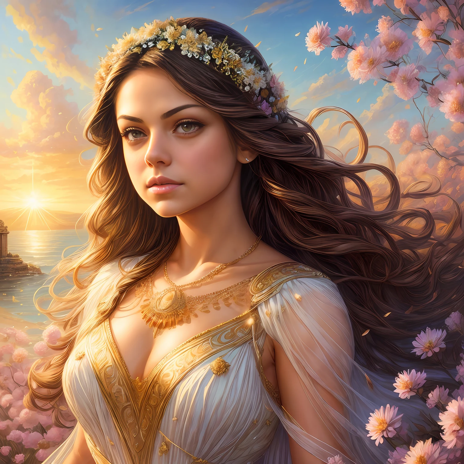 epic portrait of Mila Kunis resting on a rock, summer princess, ancient ruins, prism sun rays through wind swept pollen, golden hour, saturated, intricate, highly detailed, epic vista, very crispy, Ralph Horsley, Daniel F. Gerhartz, Artgerm, Boris Villajo, Lilia Alvarado (a very young goddess covered in flowers goddess pose:1.21) covered bust covered over neck on sides posing, (flowing hair:1.21), (full lips:1.21) white dress, dramatic lighting, intricate abstract patterns, art art style by Anato Finnstark, Albert Aublet, Gil Elvgren, Alberto Vargas and Artgerm