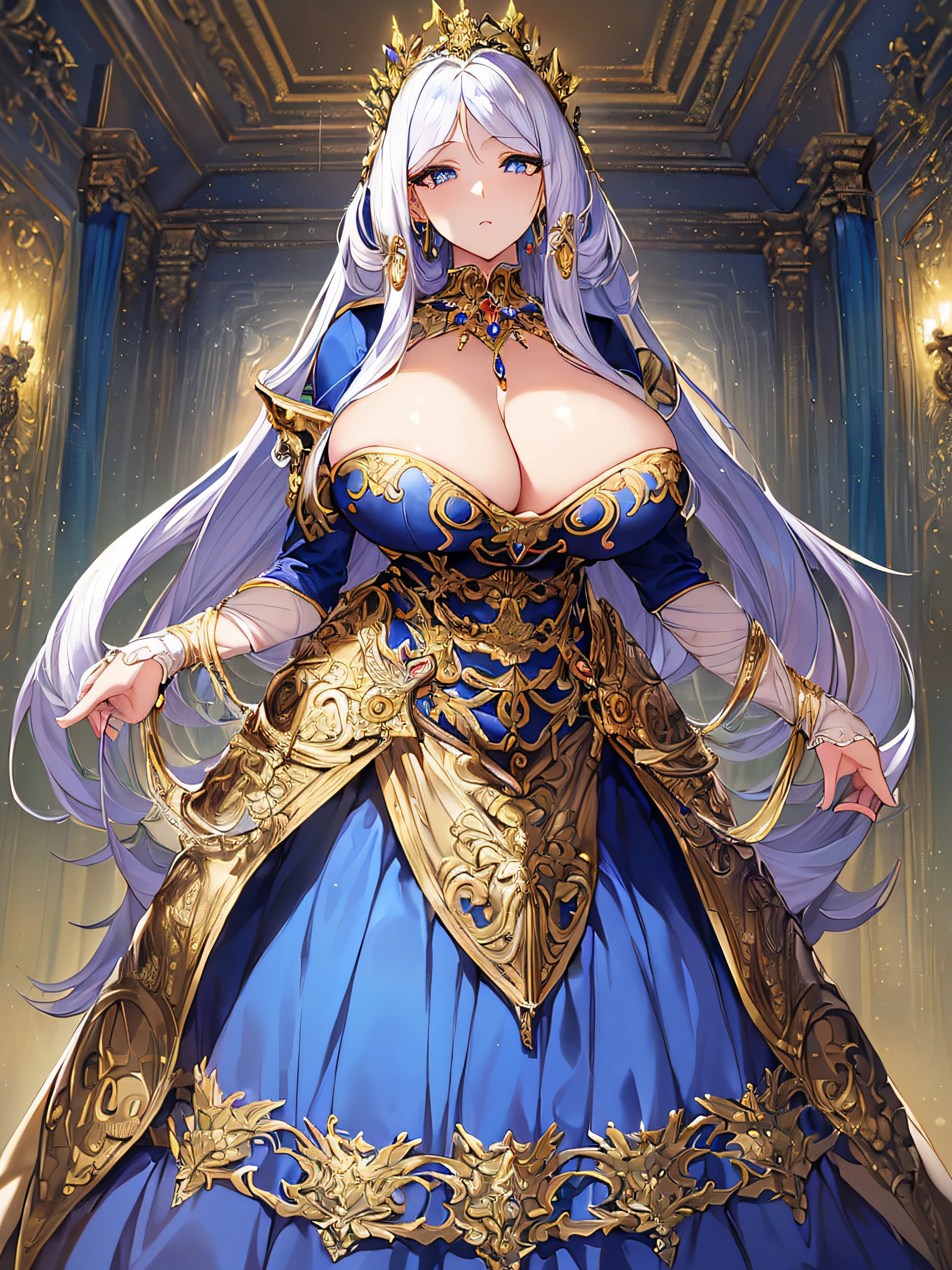 ((anime artstyle)),(Masterpiece),(Best Quality), (Super Detail),((Very Delicate and Beautiful)),(((Solo))),((full body portrait)),(((1 lady in baroque dress with full length voluminous hoop skirt))),crinoline,((standing in baroque office)),(((gorgeous Long train))),(gorgeous gemstone jewelry),detailed face and eyes,jewel-like eyes,((large amount of straight hair,extremely voluminous Very Long Straight Hair)),((gigantic tits,Long tits)),cleavage,extremely gorgeousfull hair ornament,((bling-bling extremely gorgeousfull jeweled tiara)),((Dynamic Angle)),Looking at viewer,(((baroque dress with full length voluminous hoop skirt)))