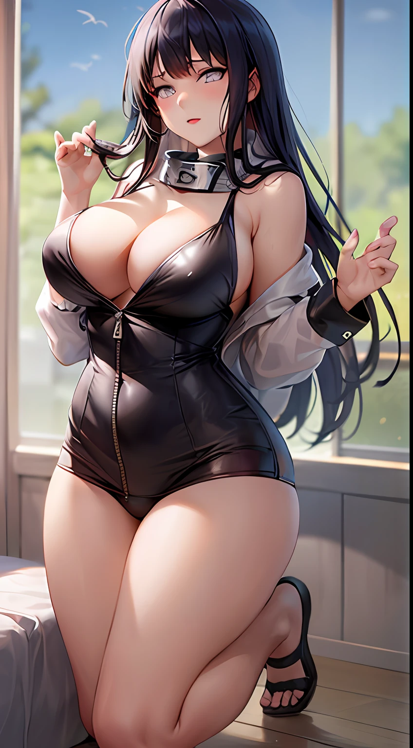 tmasterpiece， High- sharpness， high high quality， 详细的脸， detailed body render， 1girl， 独奏， hyuga hyuga， Hinata sleeveless clothing，big cleavage breasts，， sleeveless shirts， Fishing net clothing， Dark lips， Unzipped jacket， no brassiere， breasts out，Kneel， Be red in the face， Full body photo（on bedroom）