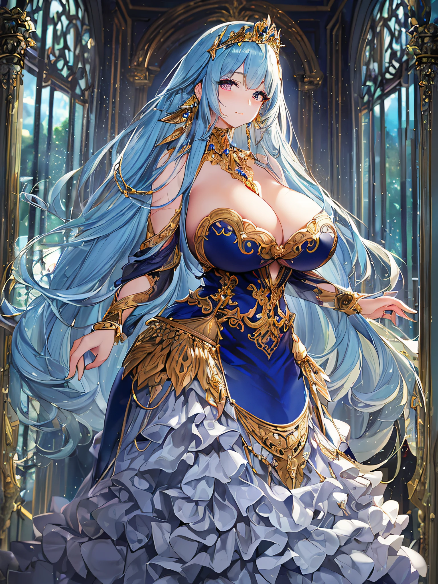 ((anime artstyle)),(Masterpiece),(Best Quality), (Super Detail),((Very Delicate and Beautiful)),(((Solo))),((full body portrait)),(((1 lady in baroque dress with full length voluminous hoop skirt))),crinoline,((standing in baroque office)),(((gorgeous Long train))),(gorgeous gemstone jewelry),detailed face and eyes,jewel-like eyes,((large amount of straight hair,extremely voluminous Very Long Straight Hair)),((gigantic tits,Long tits)),cleavage,extremely gorgeousfull hair ornament,((bling-bling extremely gorgeousfull jeweled tiara)),((Dynamic Angle)),Looking at viewer,(((baroque dress with full length voluminous hoop skirt)))