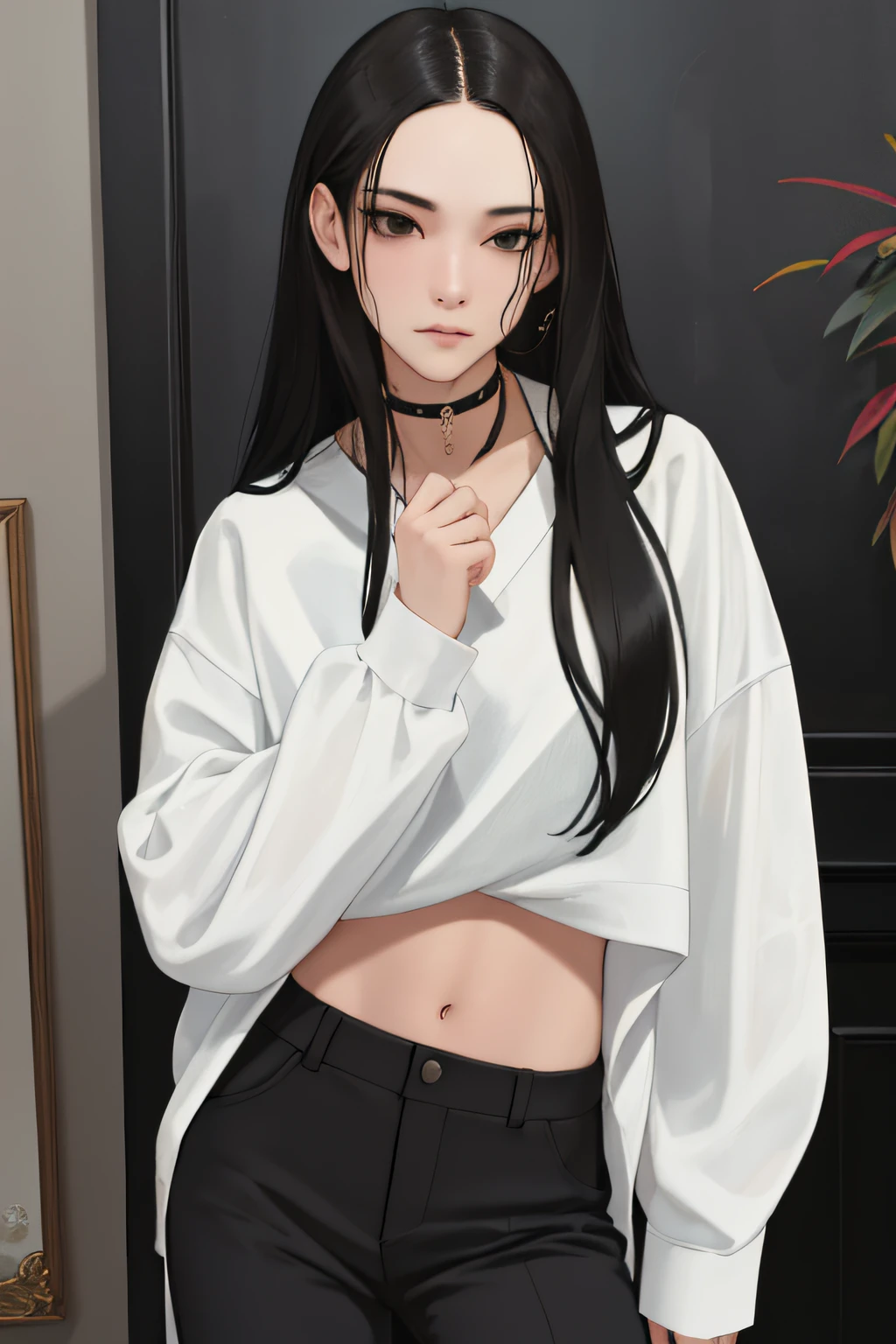 NSFW, obra-prima, melhor qualidade, ultra-detalhado, semi-realista, detailedfacialfeatures, 1girl, cabelo negro, cabelo longo, Olhos negros, Wearing academic clothes, sensual, voluptuosa, dark pants, standing ,sensual,voluptuosa