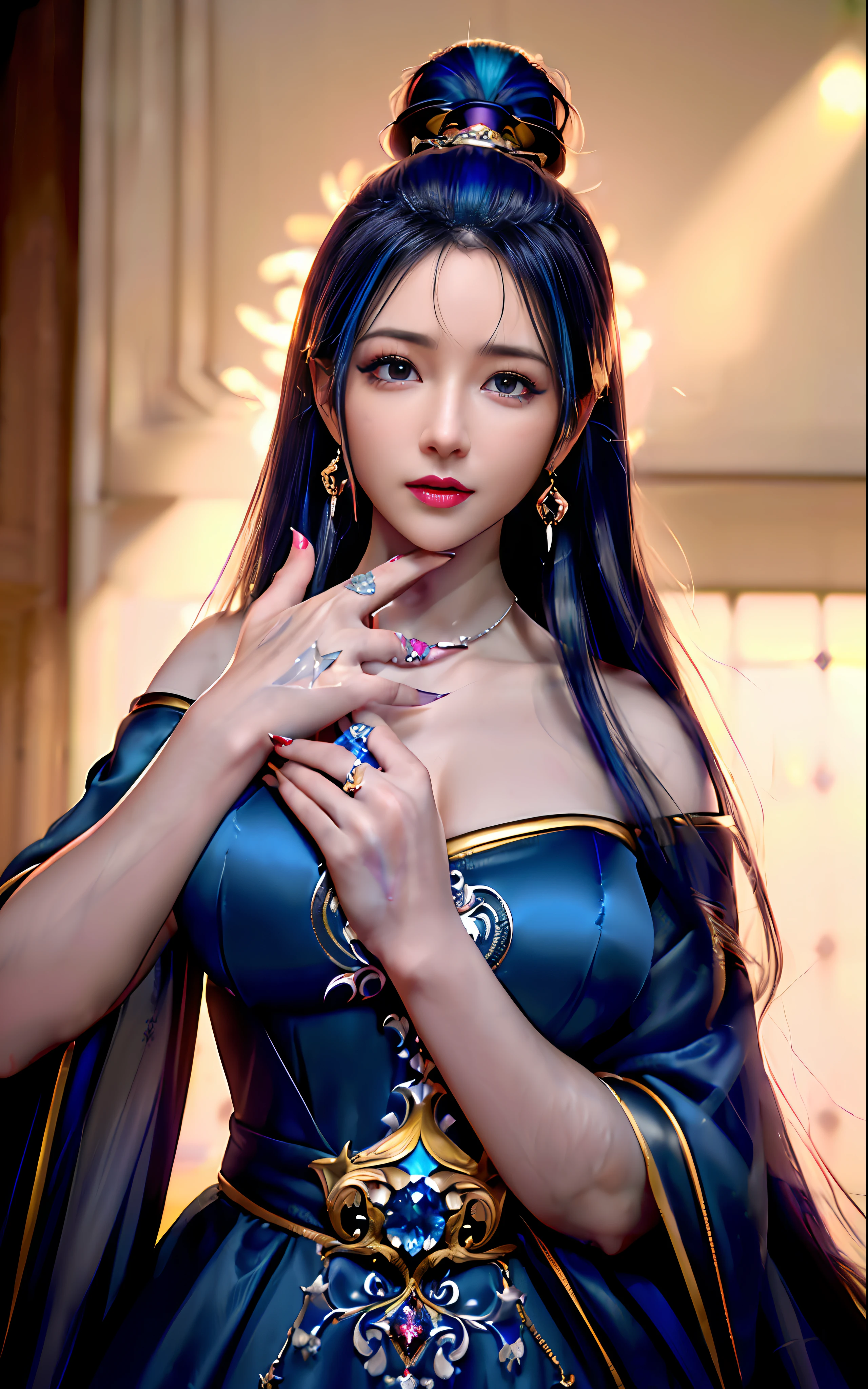 ((realisticity: 1.2)), ((realistic: 8K UHD)), ((best resolution: 8K UHD)), hyper detailed, best quality,masterpiece,highres,cg, ((1 girl hyper detailed and hyper realistic) ) , ((beautiful queen, hyper realistic and hyper detailed)),((white skin, beautiful, smooth, youthful, hyper realistic and hyper detailed )), ((Face hyper beautiful, white, hyper realistic and hyper detailed ) ), long hair, ((hyper realistic and hyper detailed dress)), solo, ((hyper realistic, hyper beautiful, beautiful and hyper detailed jewelry)), ((hyper beautiful deep red and golden yellow dress, hyper realistic and hyper detailed )) , ((Her pretty, hyper realistic, hyper detailed diamond filled earrings)), ((Her gorgeous diamond haircut, hyper realistic and hyper detailed)), ((hyper pretty upper body, hyper beautiful, hyper realistic and hyper detailed) ), ((medium breast: 1.1)), ((hyper realistic, hyper pretty, hyper detailed boobs)), ((the backgroun of the royal palace is hyper majestic, hyper realistic and hyper detailed)),((hands and palms hyper beautiful, hyper detailed, hyper realistic)), ((hyper detailed and hyper realistic fingers and fingernails)), ((hyper pretty fingernails, hyper vivid, hyper detailed, hyper realistic)), ((thumb, index finger, middle finger, ring finger, little finger hyper vivid, hyper pretty, hyper detailed, hyper realistic)),
((hyper beautiful fingers, hyper detailed, and hyper realistic)), ((posture not too fat and not too thin, hyper realistic, hyper detail)), ((hyper pretty, hyper pretty, hyper realistic and hyper detailed hair bun)), ((hyper pretty , hyper realistic and hyper detailed blue hair)), candid, Photo, high resolution, 8k , bokeh,