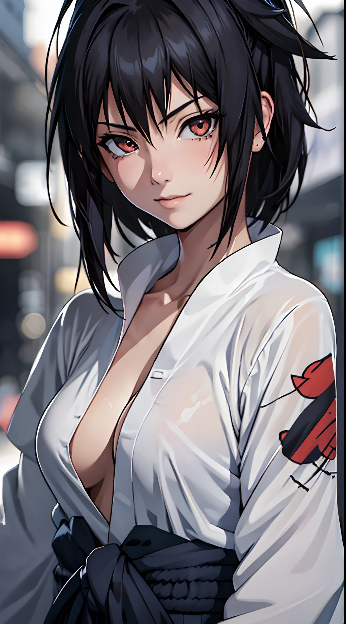 tmasterpiece， Best quality at best， 1girll，(waistup:1.5) ，sasuke， Large breasts，（upperbody closeup)，Raised sexy，is shy，ssmile，Black hair， （Black eyeballs:1.4)， exteriors