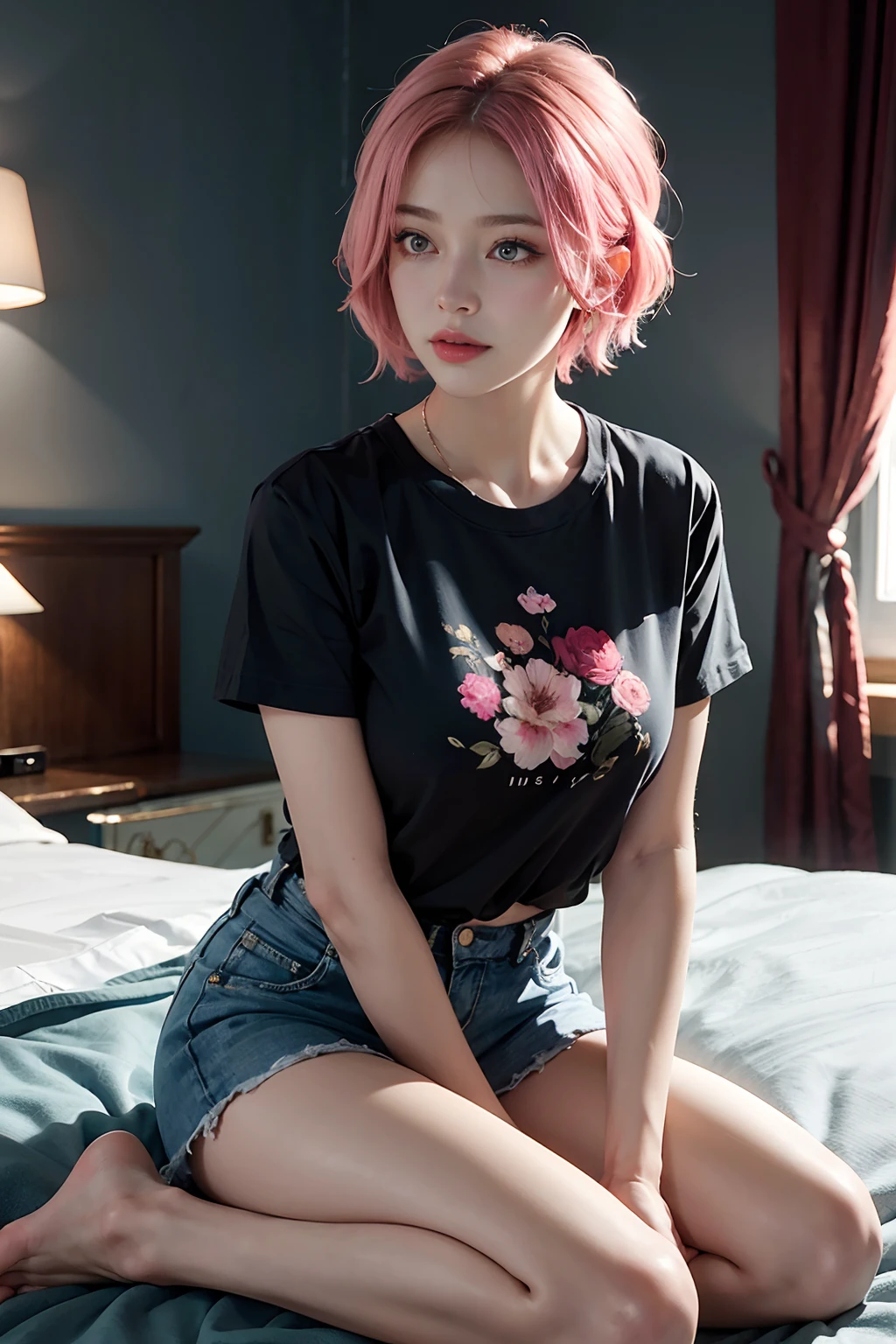 ((masuter piece)), ((top-quality)), (super detailing), ((High Detail)), 4K, (8K), Top image quality, (Beautiful fece), photos realistic, absurderes, Dating style, Pink hair、short-hair、耳Nipple Ring、a black T-shirt, Black miniskirt, Satisfied look, Natural beautiful light, Pretty beautiful woman、hotels room、looking at viewert