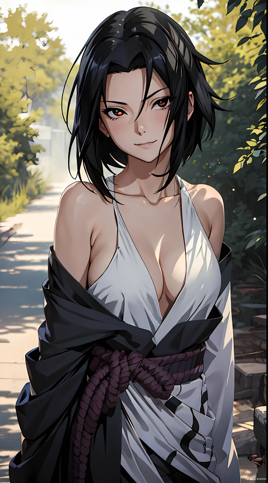 tmasterpiece， Best quality at best， 1girll，(waistup:1.5) ，sasuke， Large breasts，（upperbody closeup)，Raised sexy，is shy，ssmile，Black hair， （Black eyeballs:1.4)， exteriors