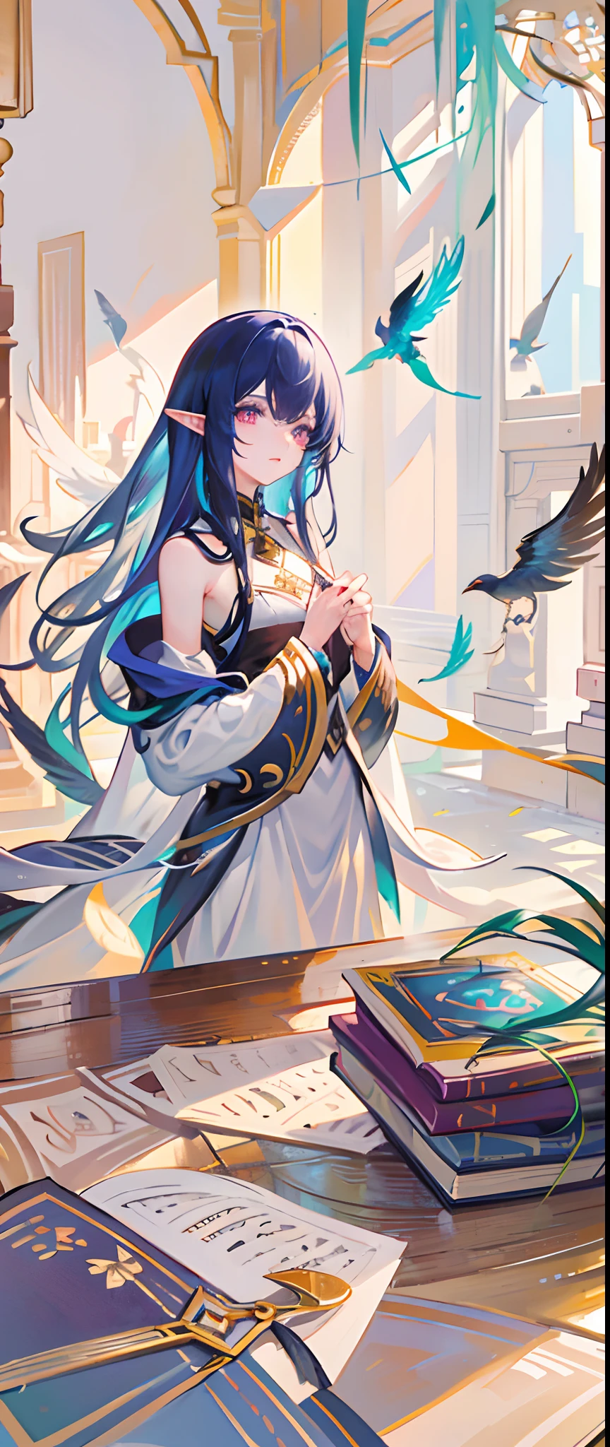 death, blood, night, darkness, (fantasy), infinity, deep blue sky, abyss of knowledge, knowledge, ((masterpiece)),(((extreme))),((beautiful detailed eyes)),(eyelashes) , monster, (1 female), blue hair, long hair, abyssal eyes, shiny skin, oil, small , (bird body, feathers), rags, Tzeentch, elf, extremely fine CG unity 8k wallpaper, masterpiece ,((ultra-detailed)),((illustration)), colorful, wallpaper, energy, unknown horror, arcane, magic surrounding, magic surrounding, magic wand, book pages, flying all over the sky, knowing what it is, predicting the future, understanding the past , Infinite Wisdom, Blue Flame, Warlock, Magic Circle, Pentagram, Mantra, Mantra, Singing Magic,