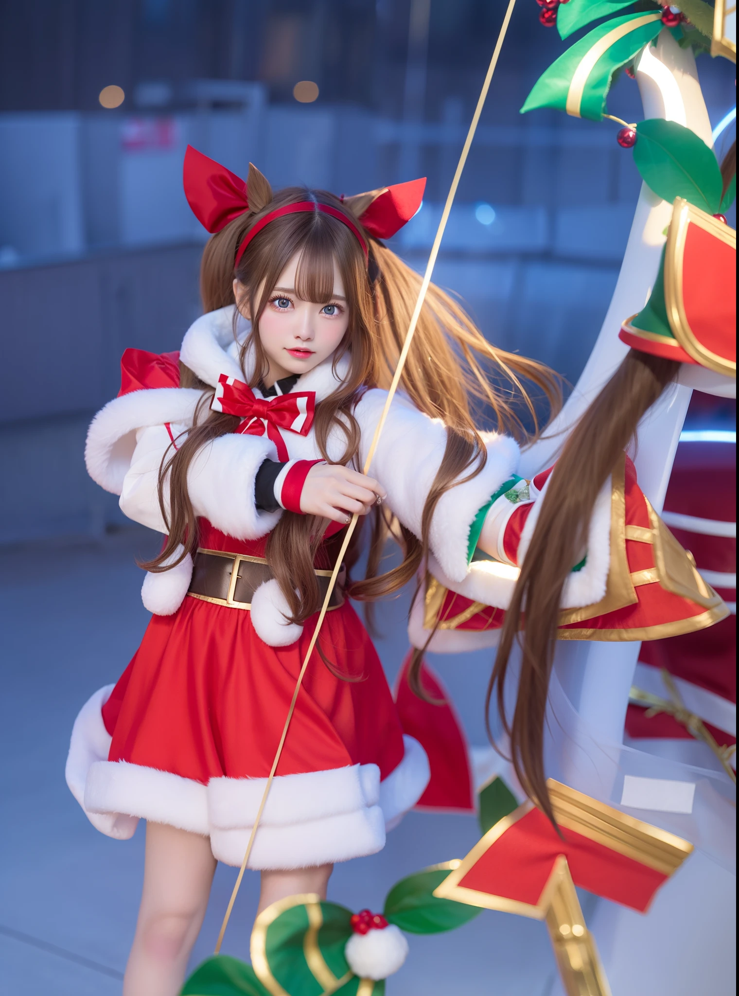 1girl, miya santa, mobile legends, blue eyes, long hair, brown hair, attribute red and white, good, realistis, ultra detail,
