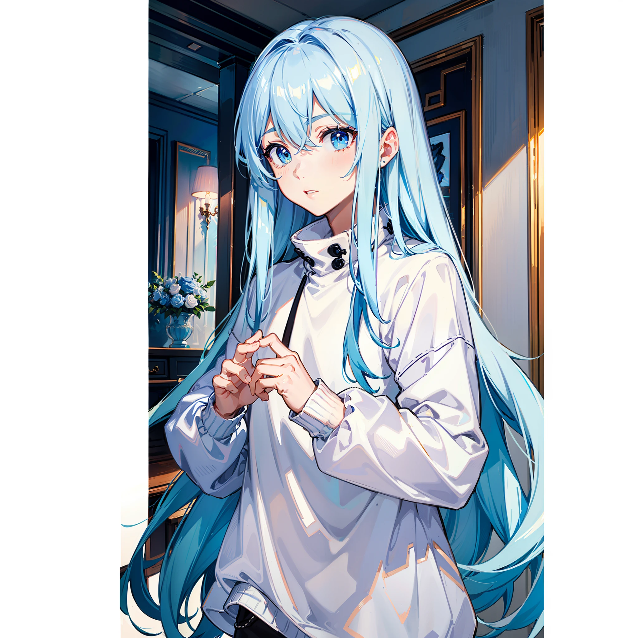 (tmasterpiece,best qualtiy),A beautiful boy with long white hair,blue color eyes,Sweatshirt