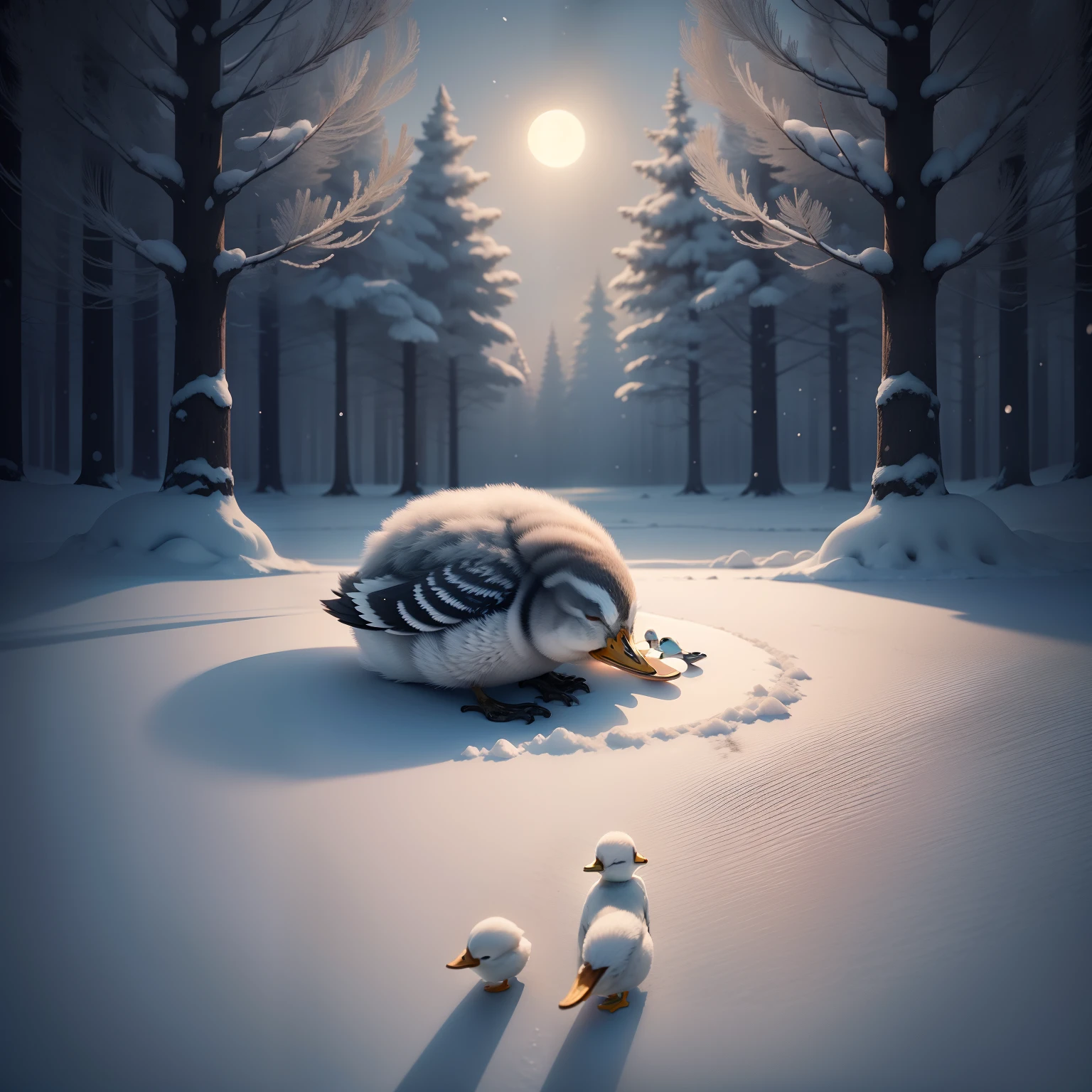Is there a gray duckling with white, sleeping during the dark night? In the middle of the frozen forest, night, winter season