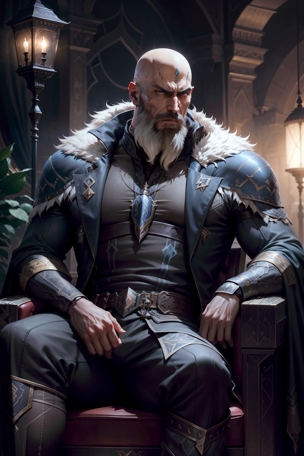 Castlevania Lord of the shadows bald beard handsome sitting in great Legendary riad environnement moroccan hyper realistic super detailed Dynamic shot