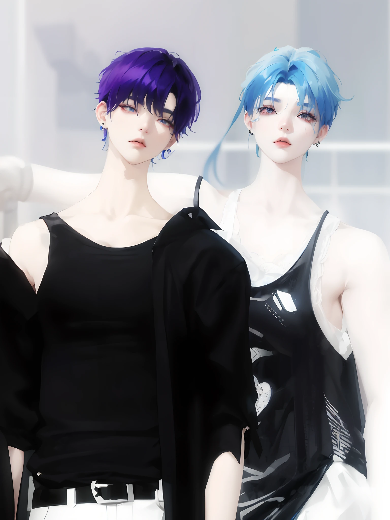 Two women with blue hair and black tops are standing next to each other, inspired by Sim Sa-jeong, nixeu and sakimichan, Inspired by Wang Duo, detailed punk hair, focus on two androids, Morgoth, inspired by Bian Shoumin, Virtual Self, looking this way, inspired by Gang Se-hwang, inspired by jeonseok lee, Tumbler