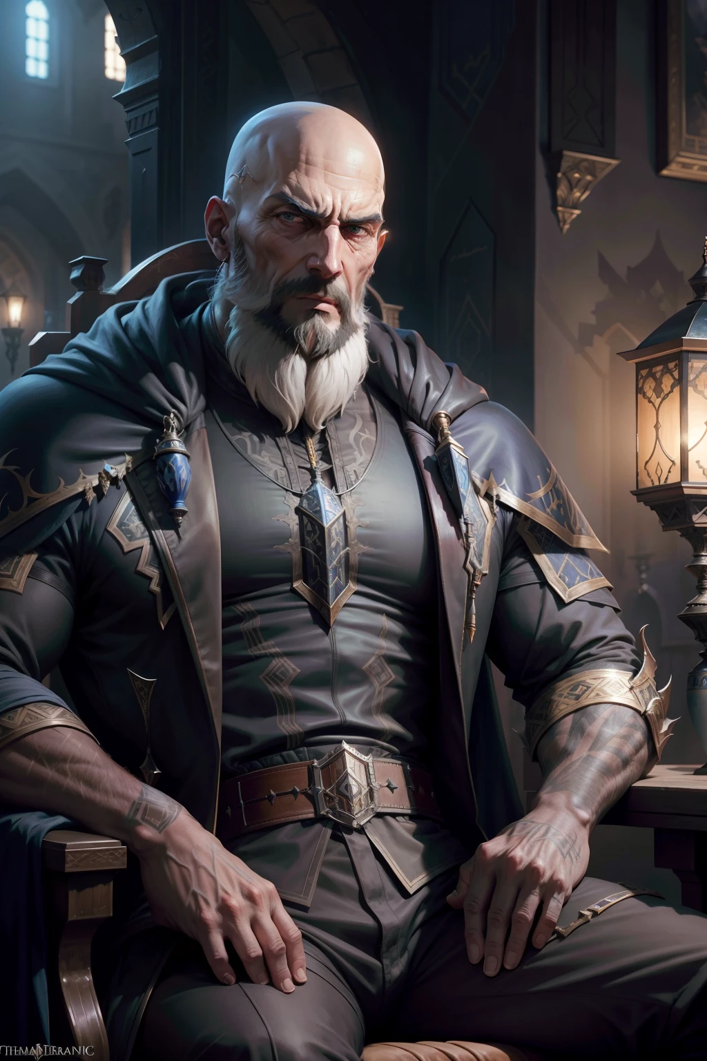 Castlevania Lord of the shadows bald beard handsome sitting in great Legendary riad environnement moroccan hyper realistic super detailed Dynamic shot