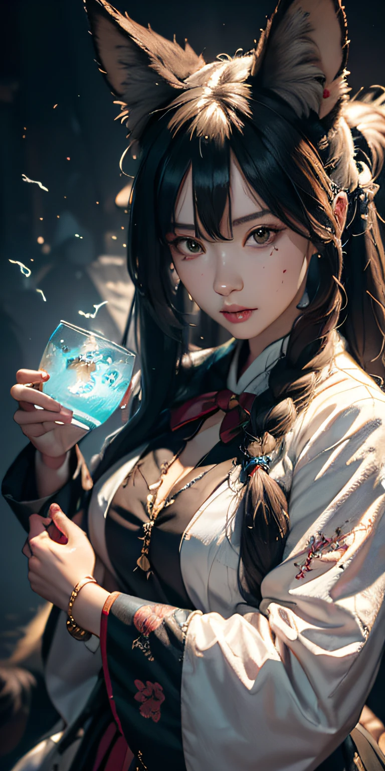 1girl,solo, official art, unity 8k wallpaper, ultra detailed, beautiful and aesthetic, beautiful, masterpiece, best quality, Kitsune witch, fox mask, haori jacket, foxfire spell, fox familiar, transformation,depth of field,