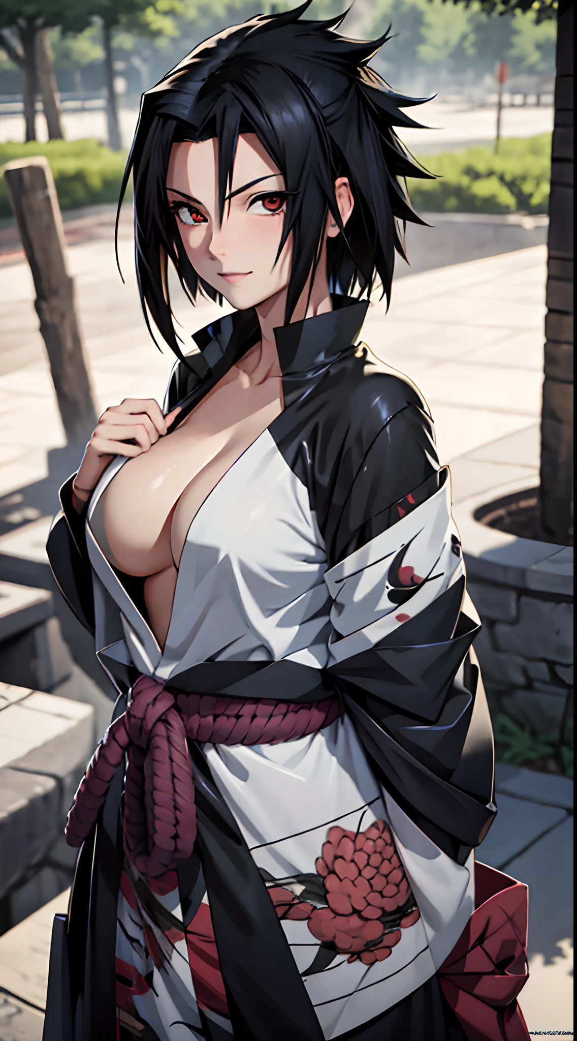 tmasterpiece， Best quality at best， 1girll，(waistup:1.5) ，sasuke， Large breasts，（upperbody closeup)，Raised sexy，is shy，ssmile，Black hair， （Black eyeballs:1.4)， exteriors