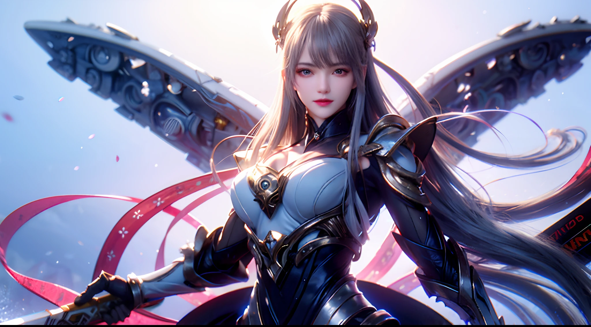 Gray hair, blue color eyes, Red eyeshadow, ssmile, slightly red face, Feminine expression, The delicate face shape is perfectly described, Eye-shaped necklace, Mecha armor，Clear lines, White gloves，Metal streamers, Metallic glossy wing，Wielding a shining thunder sword，Best photo quality, 16K High Resolution, Colored inner hair, Inner dyeing asymmetrical hairstyleAsymmetrical hairstyle, Side drill single-sided drill bit roll, hyper HD