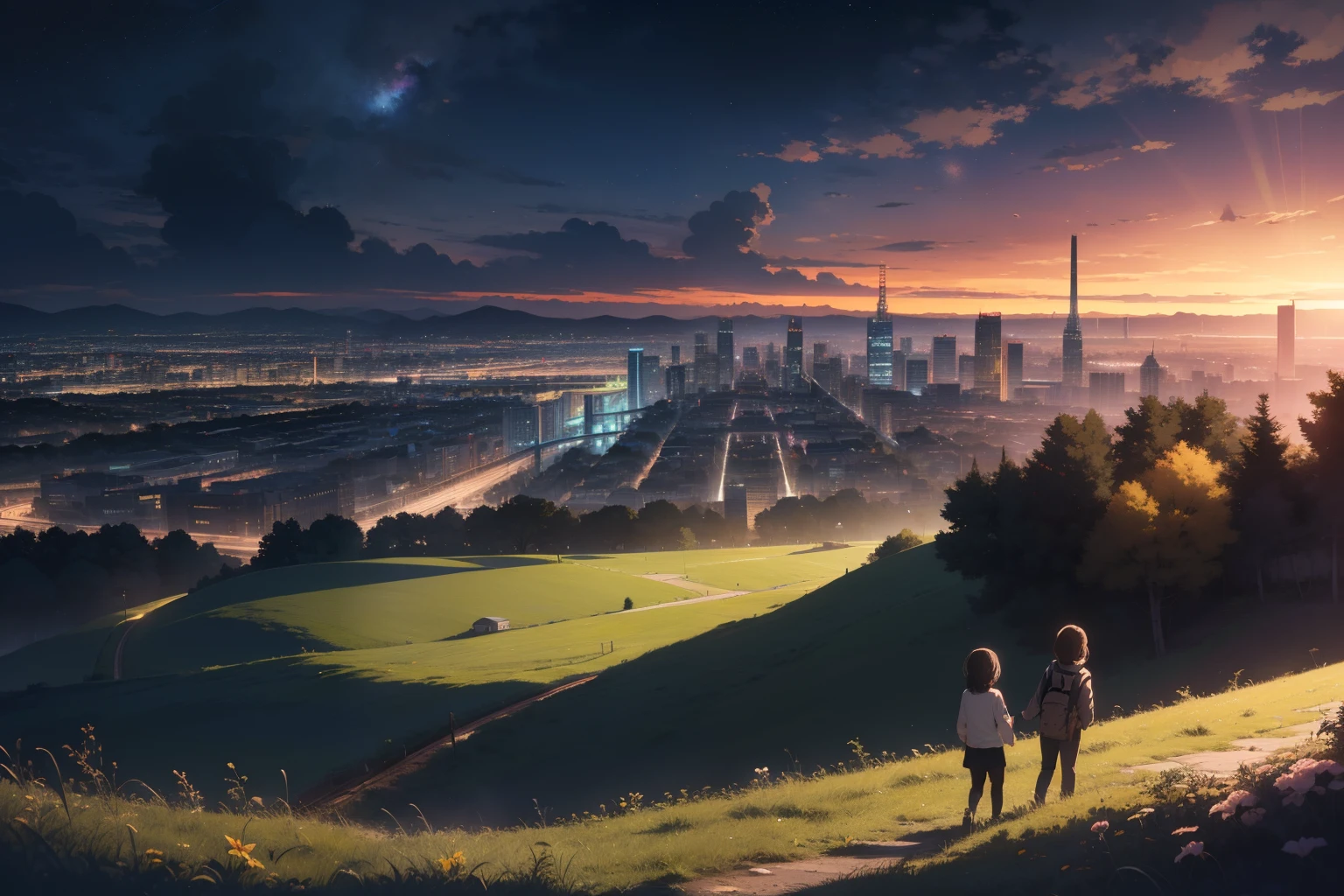 ultra quality, ultla highres, hyper detailed, high contrast, super fine illustration, creative refinement, Grassland in the foreground, city in the background, train station in the background, starry sky, distant view,