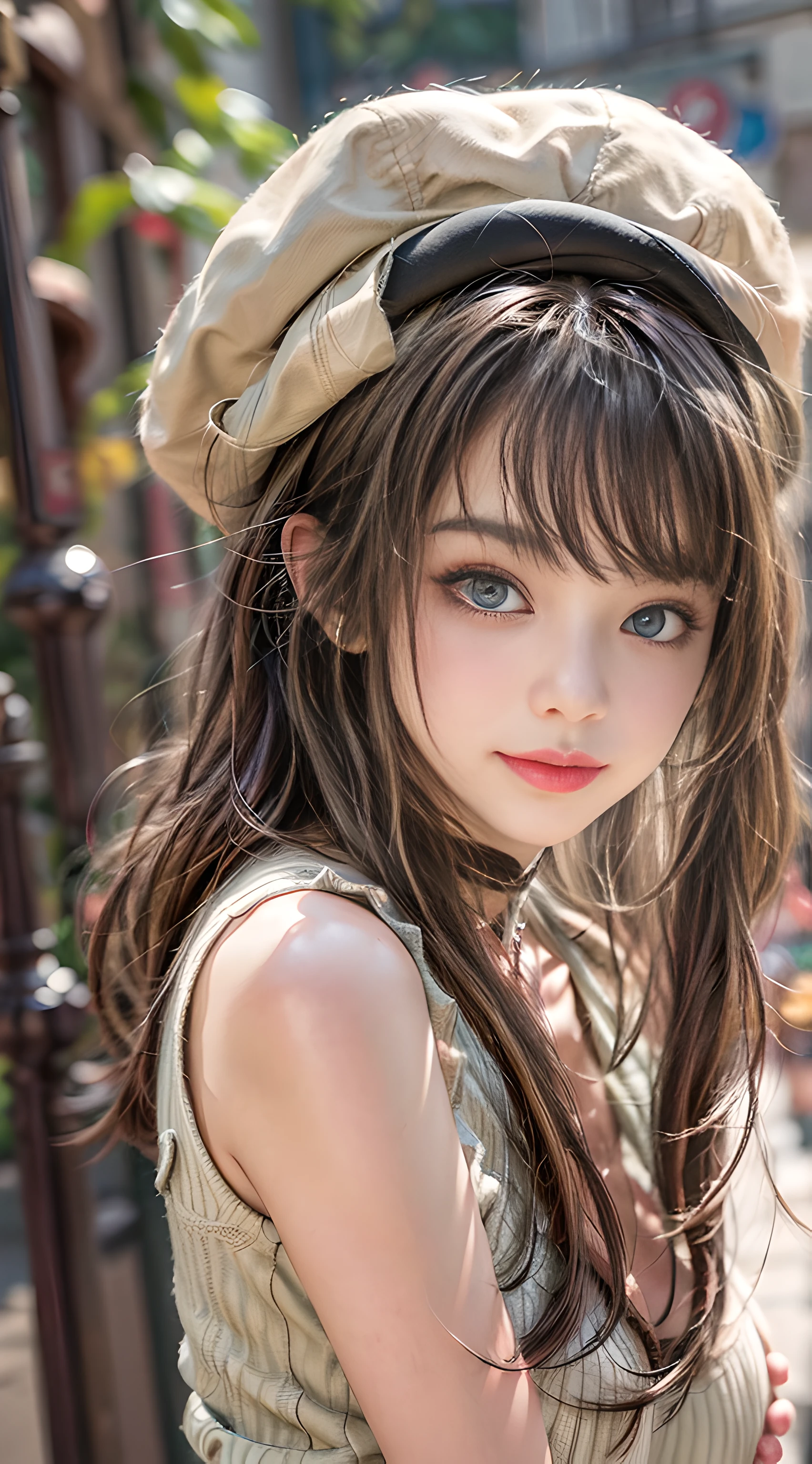best quality, ultra high res, (photorealistic:1.4), 1girl, black choker, (Brown hair:1), (huge breasts:1.2), (high detailed skin, detailed eyes:1.1), 8k uhd, dslr, soft lighting, intricate details, best quality, film grain, Fujifilm XT3, analog style, (Preppy style:1.2), long hair, (oily hair:0.8), (rouge makeup:1.0), in Paris, parisian street, outdoor, cute expression, cute smile, (sexy eyes), dynamic sexy pose, cute french dress, beret, sexy, beautiful eyes, thighs, resting on a wall, foot on the wall,