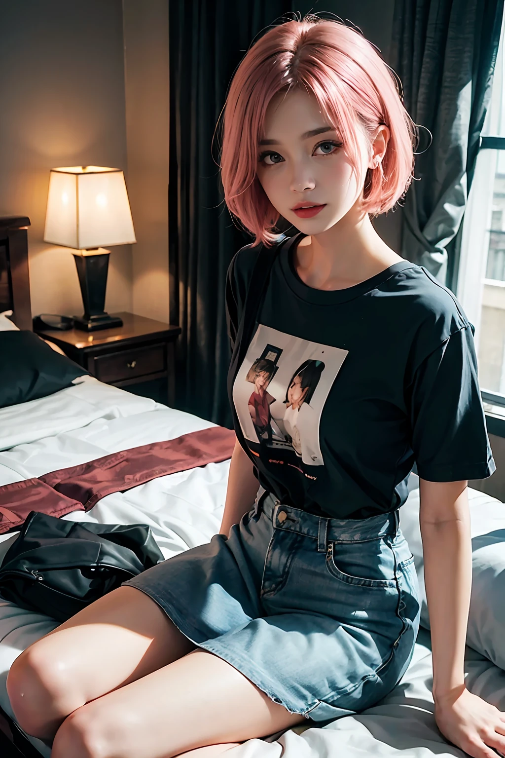 ((masuter piece)), ((top-quality)), (super detailing), ((High Detail)), 4K, (8K), Top image quality, (Beautiful fece), photos realistic, absurderes, Dating style, Pink hair、short-hair、耳Nipple Ring、a black T-shirt, Black miniskirt, Satisfied look, Natural beautiful light, Pretty beautiful woman、hotels room、looking at viewert
