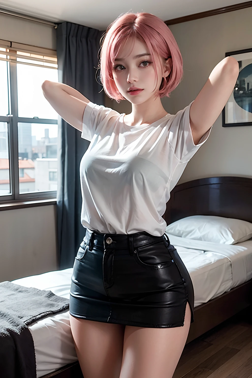 girl standing, sexy beautiful face, full body shot, doe shape eyes, long bright pink hair, mouth open, slim body, breathtaking beauty, vibrant, comprehensive cinematic, 8k, cinematic lighting, best quality, 4k, perfect body, perfect long legs, (red stockings), ((plaid outfit)), tiny body, slim body, tiny waist, thick thighs, short brown hair, (topless, low waist red plaid micro pleated skirt), bedroom, minimalistic decor, pink decor