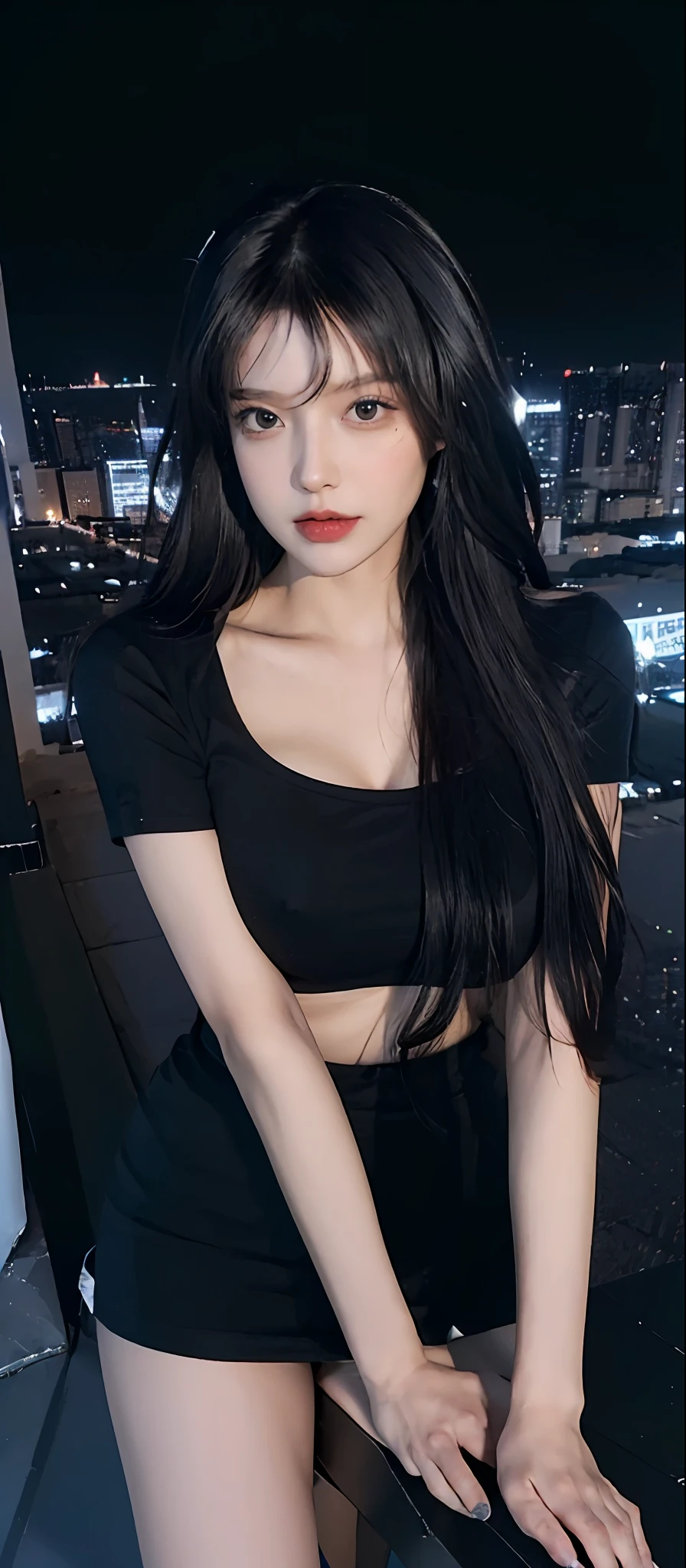 ((Midnight, Best quality, 8k, Masterpiece :1.3)), (close up), Sharp focus, A pretty woman with perfect figure, ((black hair, Big breasts)), (tight t-shirt, short skirt, Standing), ((Night city view, Rooftop)), Highly detailed face and skin texture, Detailed eyes, Double eyelid, cleavage