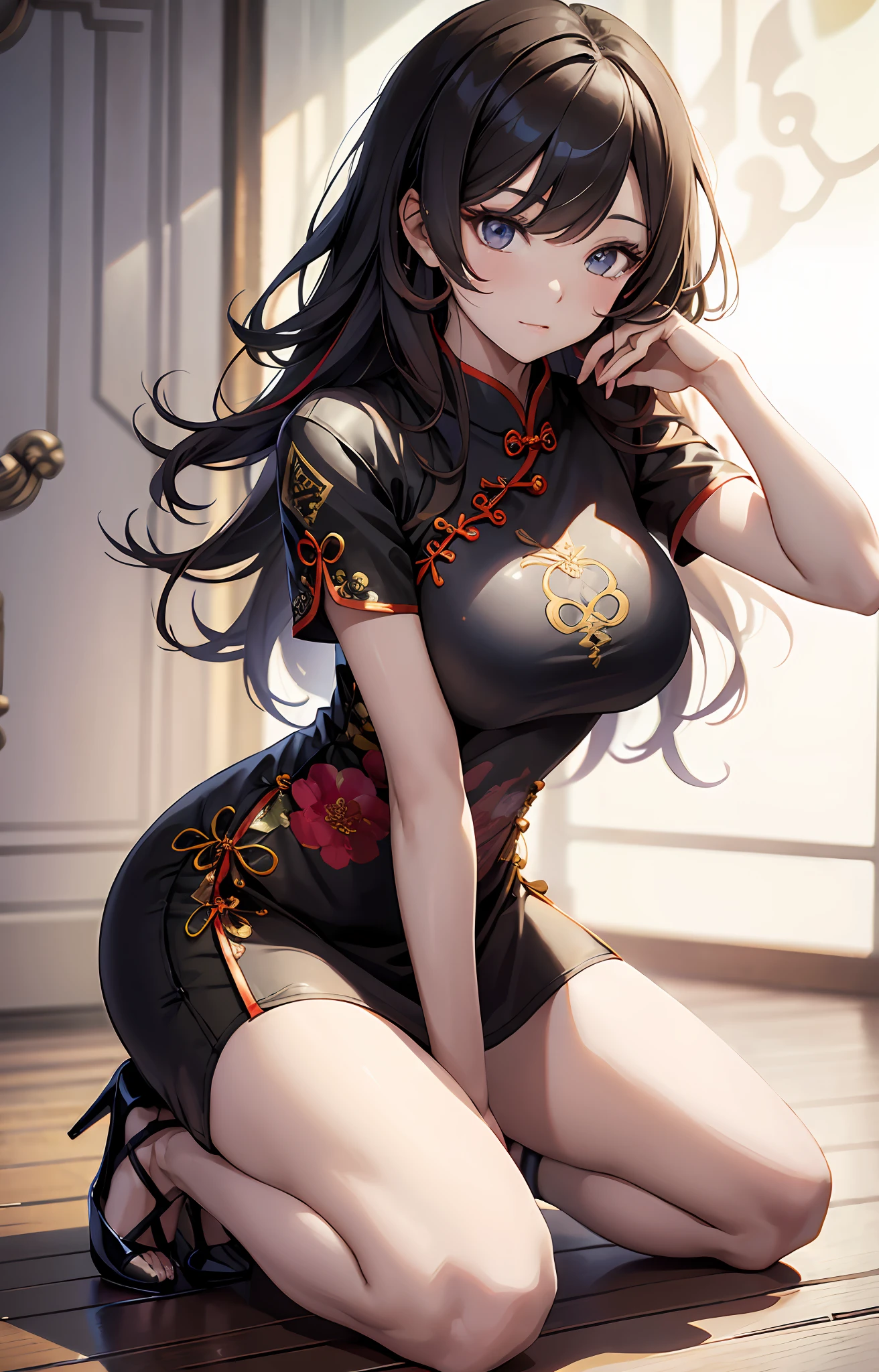 best qualityer，tmasterpiece，Ultimate resolution，downy，Extremely colorful，Cheongsam beauty，A MILF，on cheongsam，Kneeling pose，（Point at you with your ass），Collar，Anklets，high-heels，high-heels，Correct posture