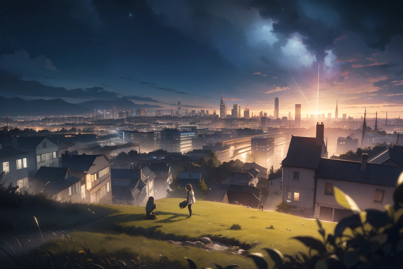 ultra quality, ultla highres, hyper detailed, high contrast, super fine illustration, creative refinement, Grassland in the foreground, city in the background, train station in the background, starry sky, distant view,