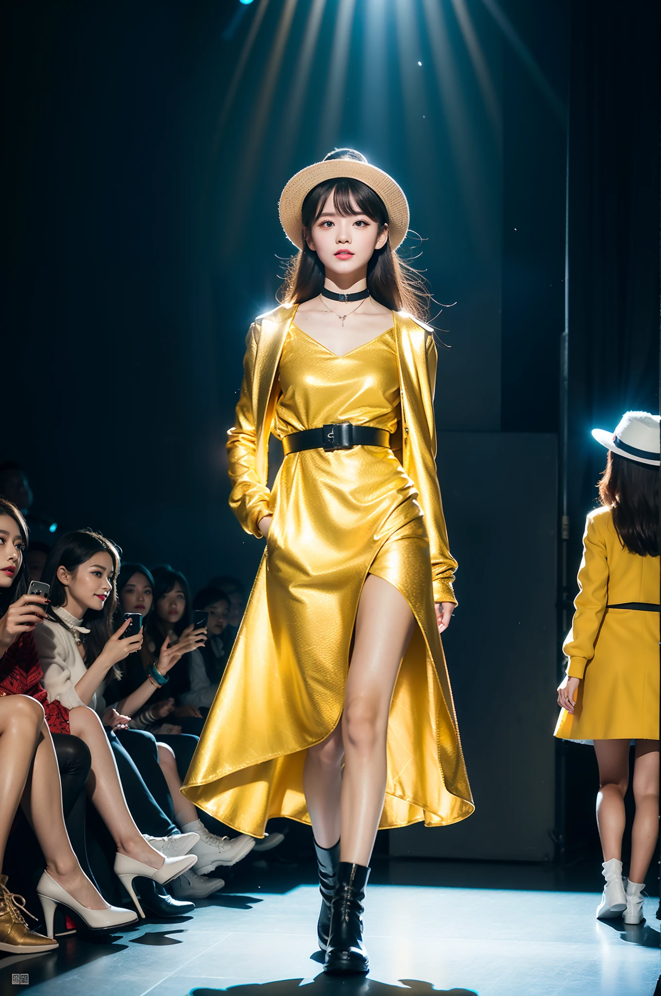 （8K分辨率，Full body photo in the distance，Photo of the upper body of the legs，Realistic wallpapers），（1 female，18yr old，（The facial features of Anhui Komuro：1.6，Wide skeletal cheeks，s delicate face），com rosto detalhado，（Delicate Japanese makeup，Stage pop makeup），Lovely face，com rosto detalhado，详细的脸，Ultra-fine makeup，Black colored eyes，（Look into the distance），Long gradient brown hair，（By bangs，Messy has layers），Redlip，Fair smooth skin，（Best Skin Type：1.21），mediuml breasts，（Summer floral dress，wind coat，Sun hat，choker necklace，Leather boots），Tall and tall，The action of flying kisses，perfect hand，Ultra-fine clothing material），（Stage catwalk，Interlaced models，Exquisite stage details，（Vista view of the catwalk，Outdoor catwalk，Tokyo fashion show，neonlight，There were a lot of spectators in the audience，Model on the catwalk）），（exhilarated，confident smile，Rejoice），（Various stage lighting assistance，profesional lighting，动态照明），（（Color contrast，subtle sensuality，vivaciousness，rays of sunshine（golden colored，white colors，greys，black in color））），（Golden section，Cinema lenses，Dynamic shots，Hasselblad photograp，tmasterpiece：1.3），（adolable，rays of sunshine，vivaciousness，Petite and lovely，dream magical，Little woman，trendsetting，Street style，Artis，Art platform）