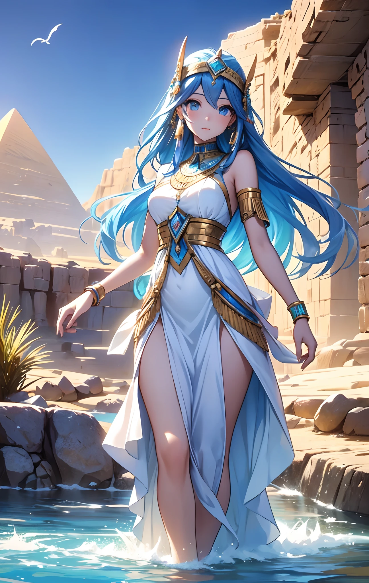best qualityer，tmasterpiece，Ultimate resolution，downy，Extremely colorful，Colorful，Oasis background，Ancient Egyptian woman，Long azure hair，a matural female，Long white dress in Egyptian style，a white long skirt，Treading water，Desert oasis，Nile River，Normal posture