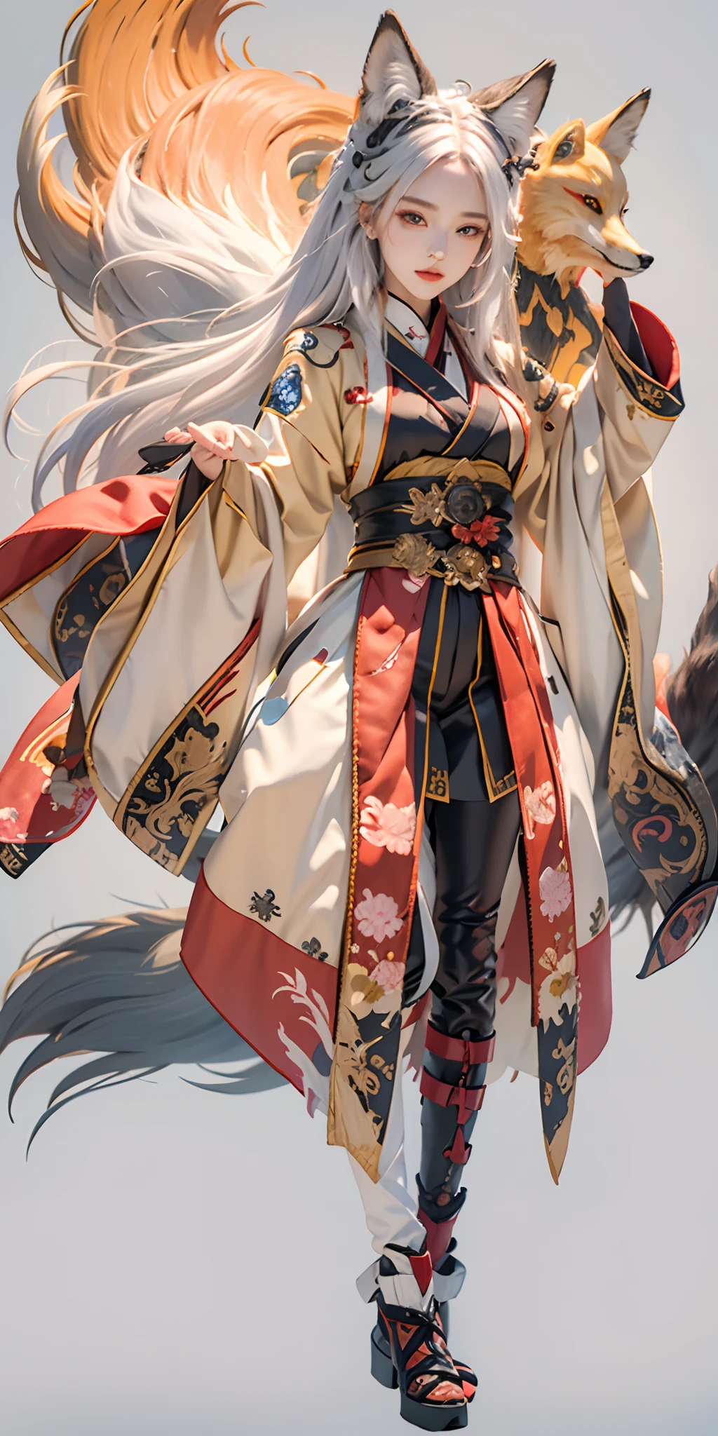 1girl,solo, official art, unity 8k wallpaper, ultra detailed, beautiful and aesthetic, beautiful, masterpiece, best quality, Kitsune witch, fox mask, haori jacket, foxfire spell, fox familiar, transformation,depth of field,