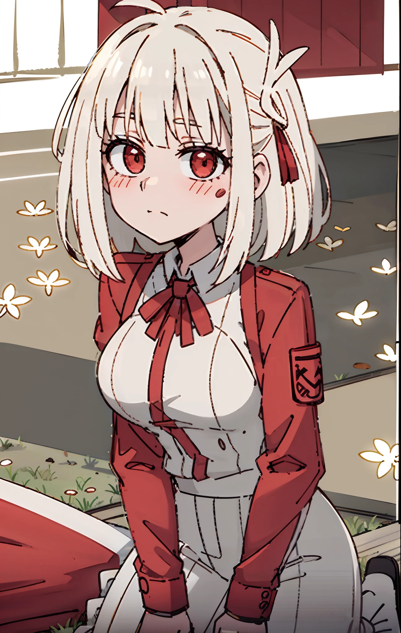 one-girl,Yellow hair,Be red in the face,under a sakura tree,Sorry,Dark red background,((Be red in the face))Kneeling,full bodyesbian
