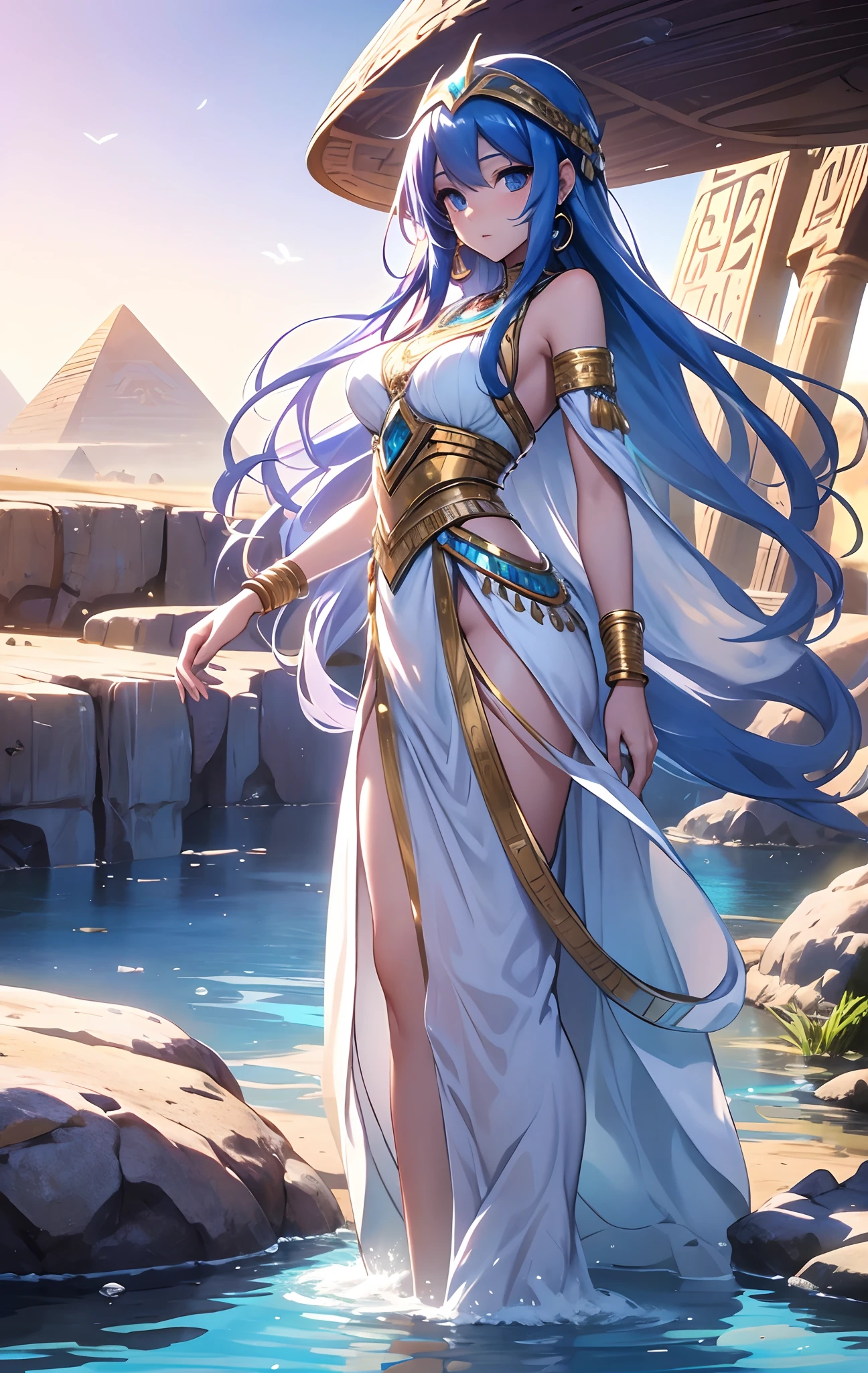 best qualityer,tmasterpiece,Ultimate resolution,downy,Extremely colorful,Colorful,Oasis background,Ancient Egyptian woman,Long azure hair,a matural female,Long white dress in Egyptian style,a white long skirt,Treading water,Desert oasis,Nile River,Normal posture