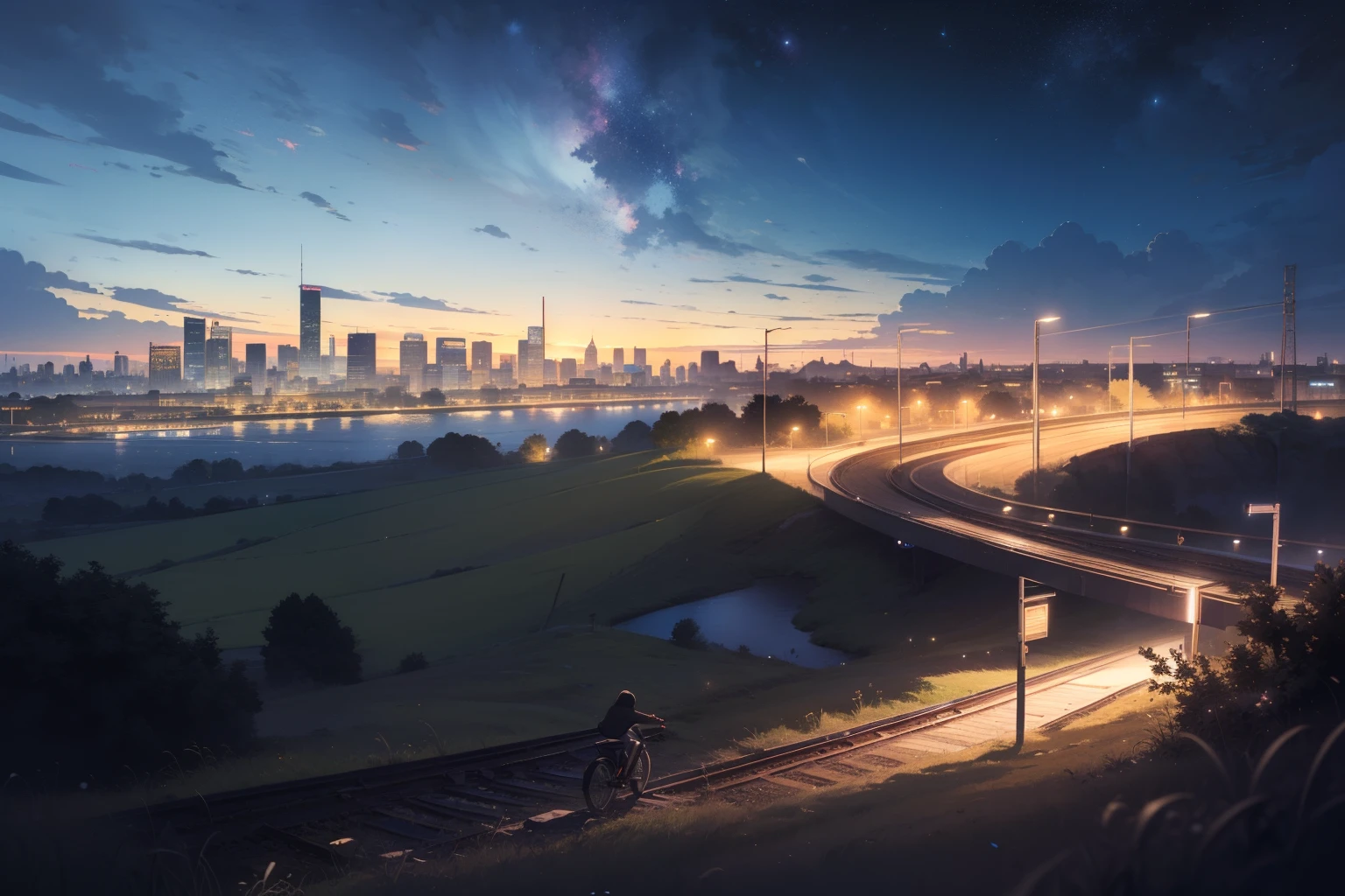 ultra quality, ultla highres, hyper detailed, high contrast, super fine illustration, creative refinement, Grassland in the foreground, city in the background, train station in the background, starry sky, distant view,
