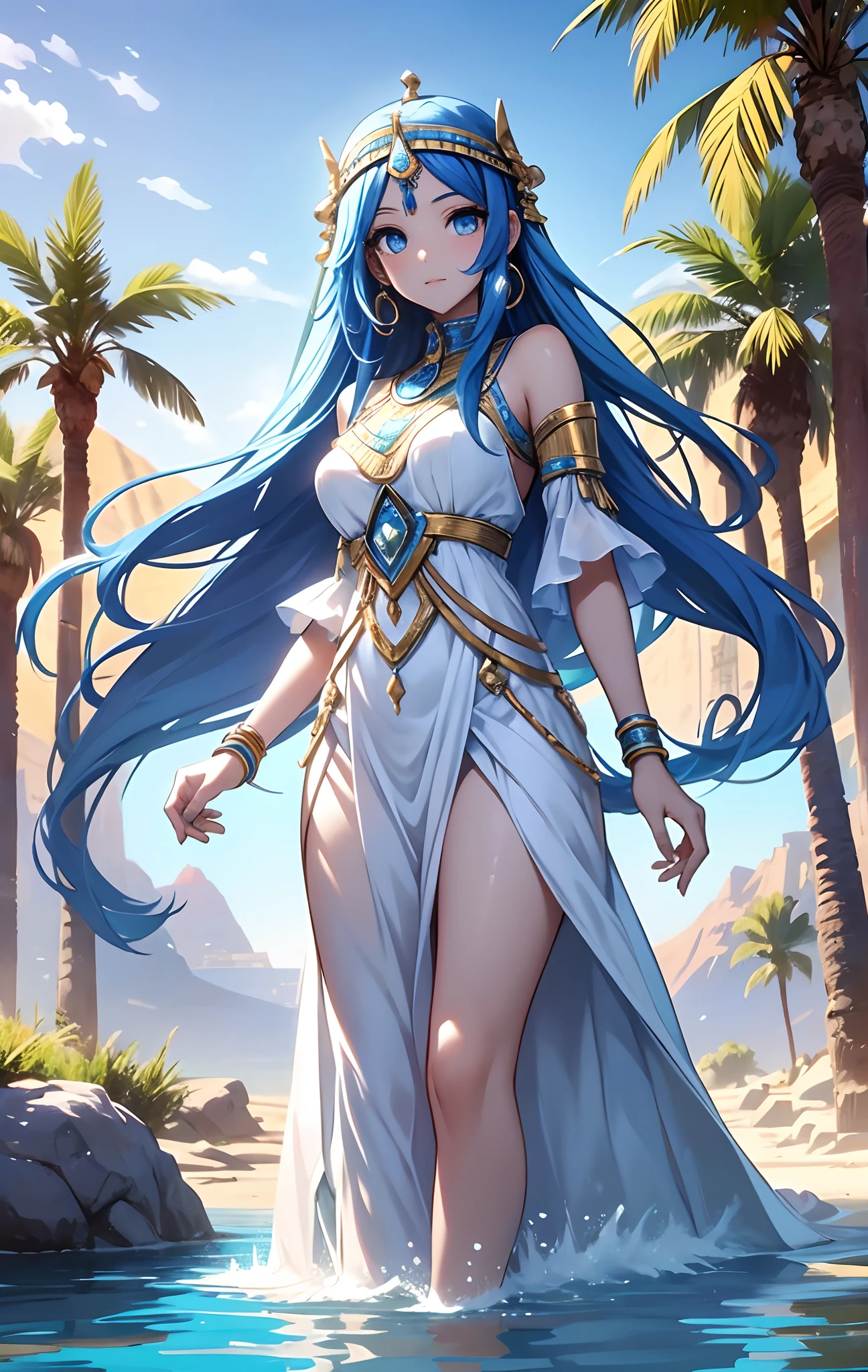 best qualityer,tmasterpiece,Ultimate resolution,downy,Extremely colorful,Colorful,Oasis background,Ancient Egyptian woman,Long azure hair,a matural female,Long white dress in Egyptian style,a white long skirt,Treading water,Desert oasis,Nile River,Normal posture