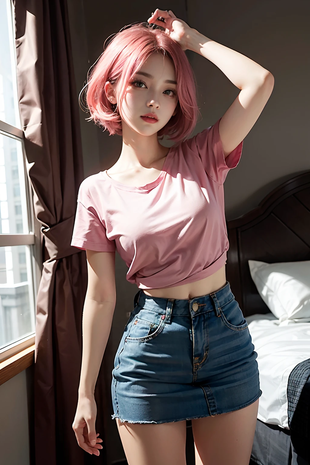 ((masuter piece)), ((top-quality)), (super detailing), ((High Detail)), 4K, (8K), Top image quality, (Beautiful fece), photos realistic, absurderes, Dating style, Pink hair、short-hair、耳Nipple Ring、undergarment, Black miniskirt, raise arms、Satisfied look, Natural beautiful light, Pretty beautiful woman、hotels room、looking at viewert