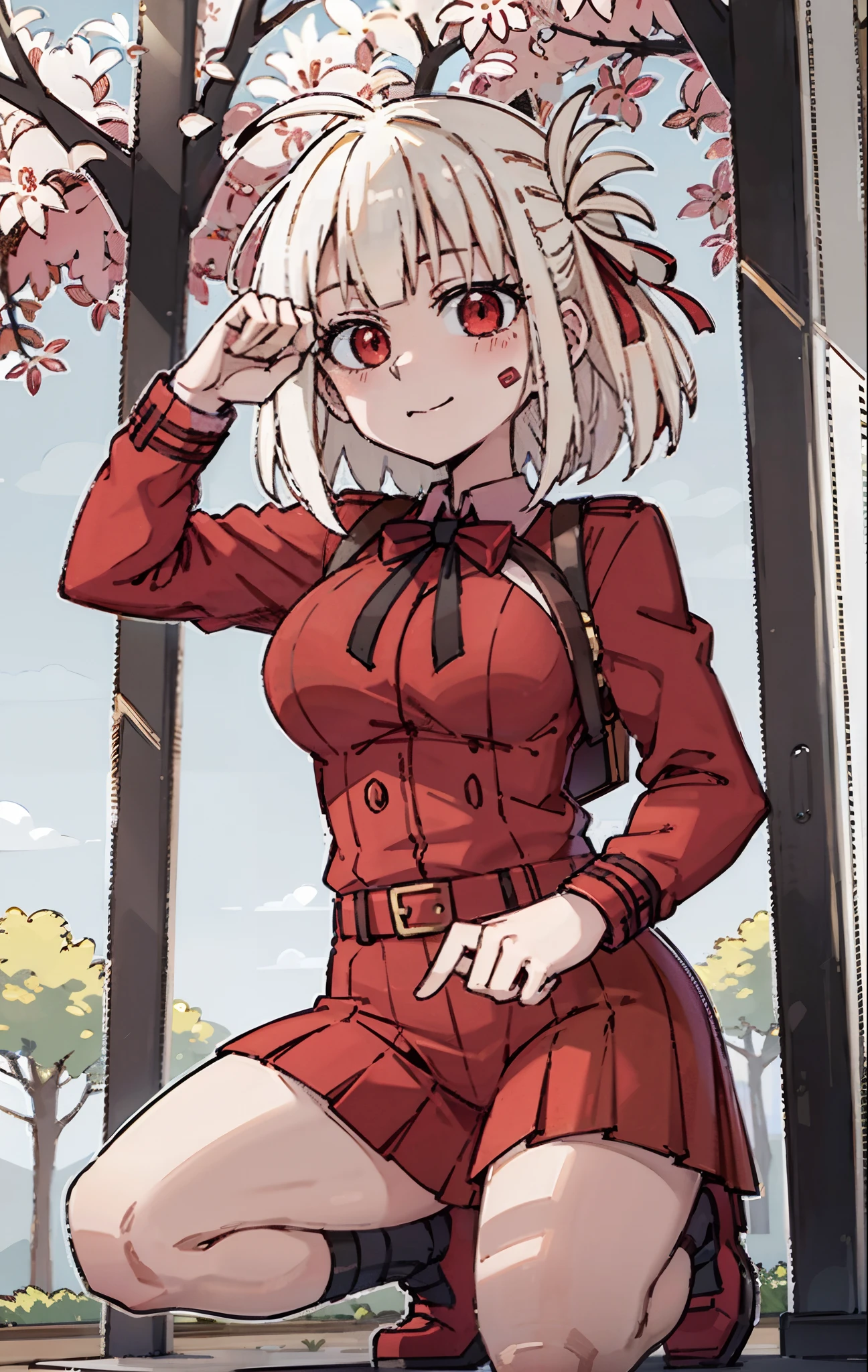 one-girl,Yellow hair,Be red in the face,under a sakura tree,Sorry,Dark red background,((Be red in the face))Kneeling,full bodyesbian